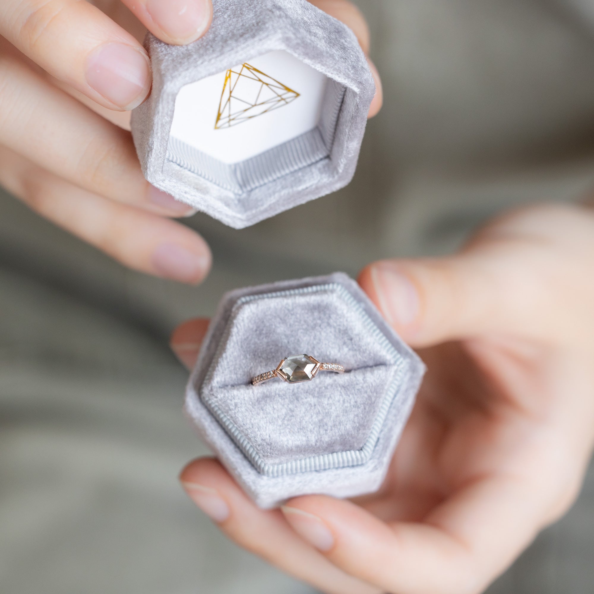 Alexis Russell Engagement Rings The Willow Ring | 1.26ct Hexagon Salt and Pepper Diamond in 14K Rose Gold