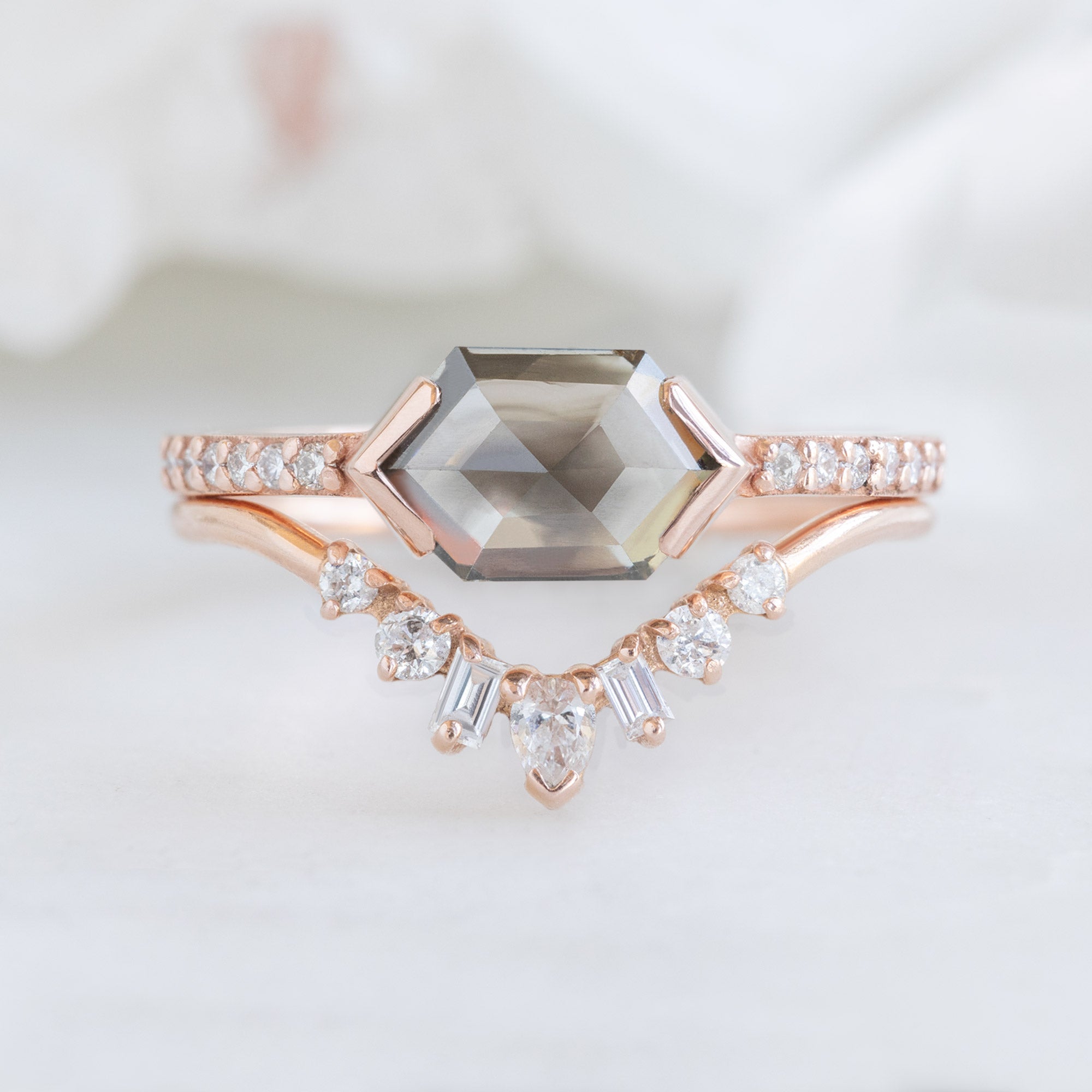 Alexis Russell Engagement Rings The Willow Ring | 1.26ct Hexagon Salt and Pepper Diamond in 14K Rose Gold