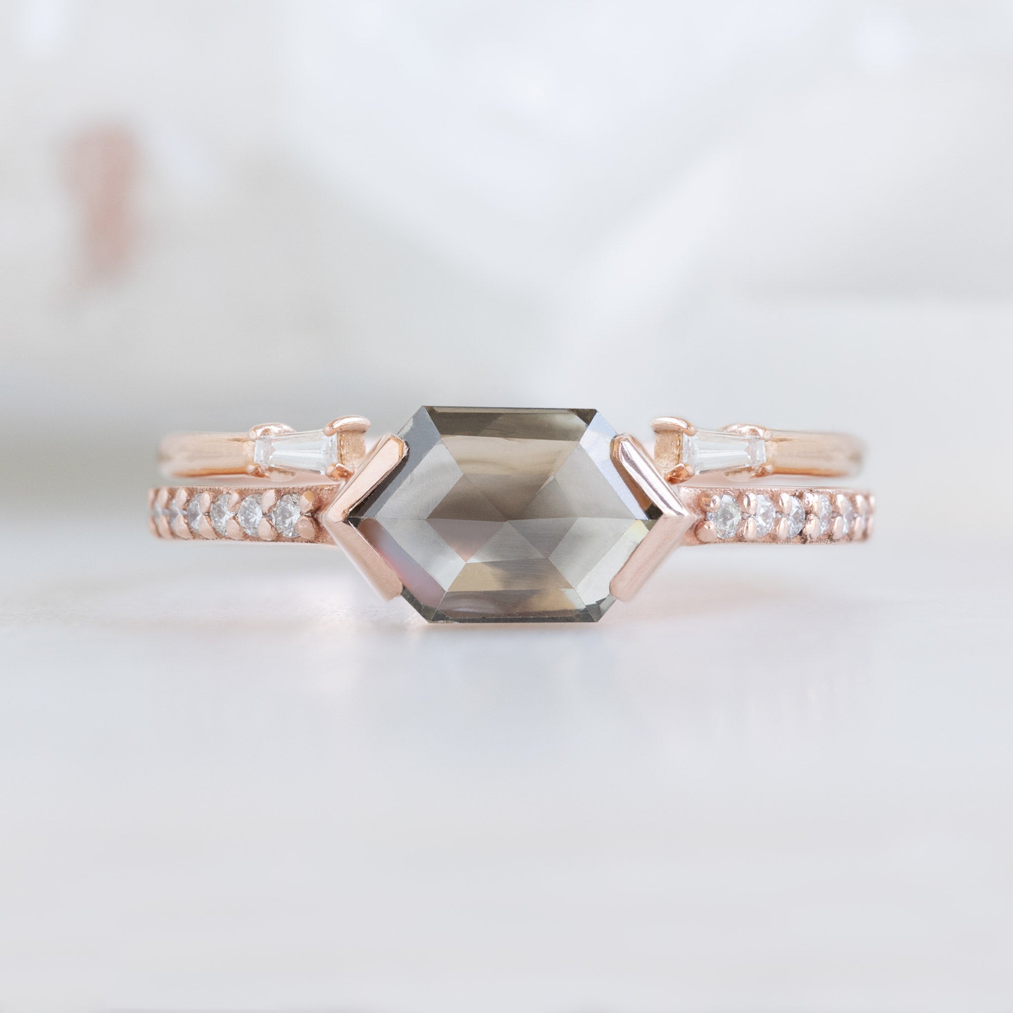 Alexis Russell Engagement Rings The Willow Ring | 1.26ct Hexagon Salt and Pepper Diamond in 14K Rose Gold