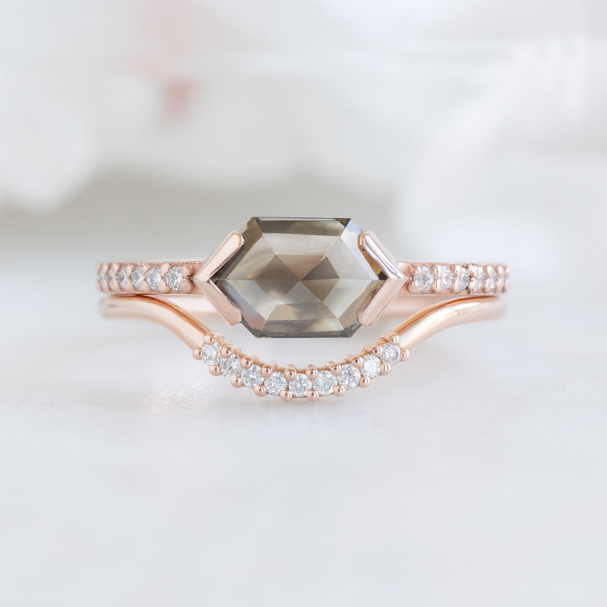 Alexis Russell Engagement Rings The Willow Ring | 1.26ct Hexagon Salt and Pepper Diamond in 14K Rose Gold
