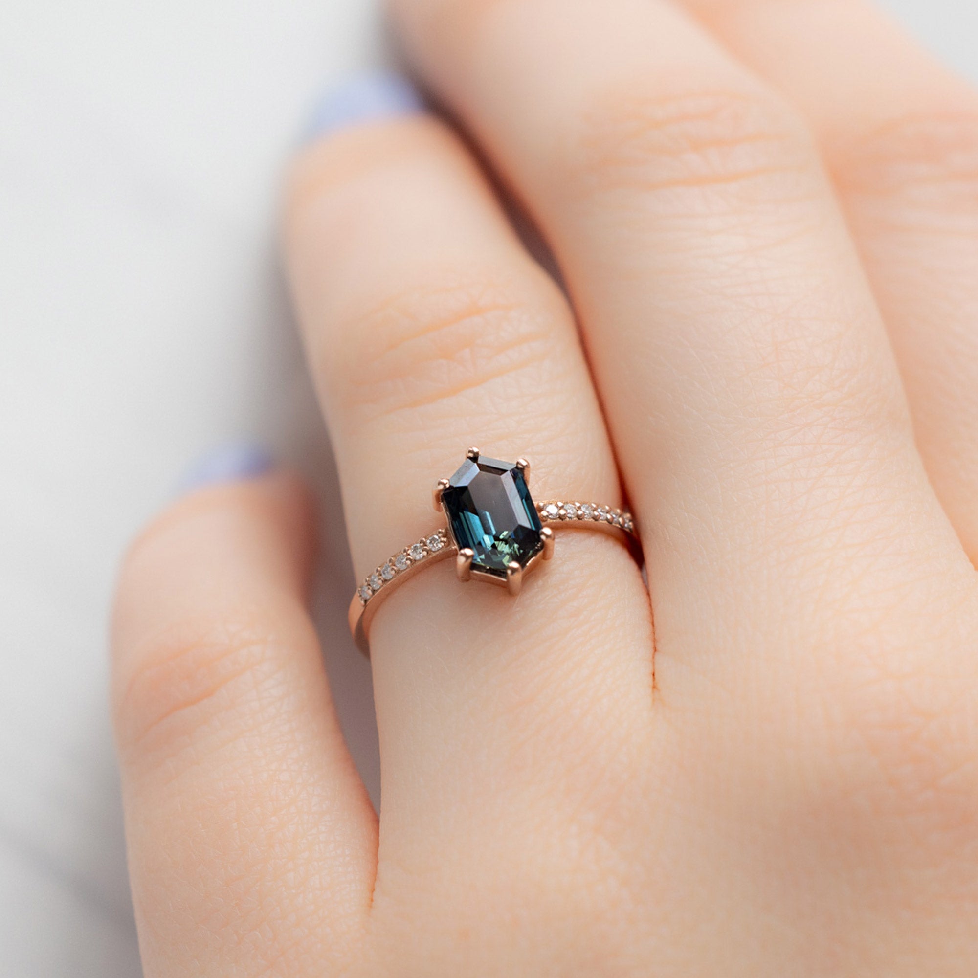 Alexis Russell Engagement Rings The Willow Ring | 1.20ct Hexagon Blue Sapphire in 14K Rose Gold