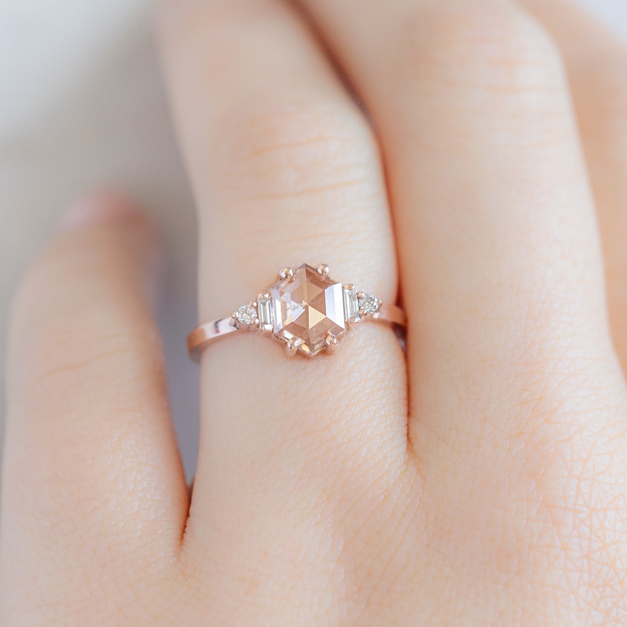 Alexis Russell Engagement Rings The Primrose Ring | 0.81ct Lab Grown Hexagon Pink Diamond in 14K Rose Gold