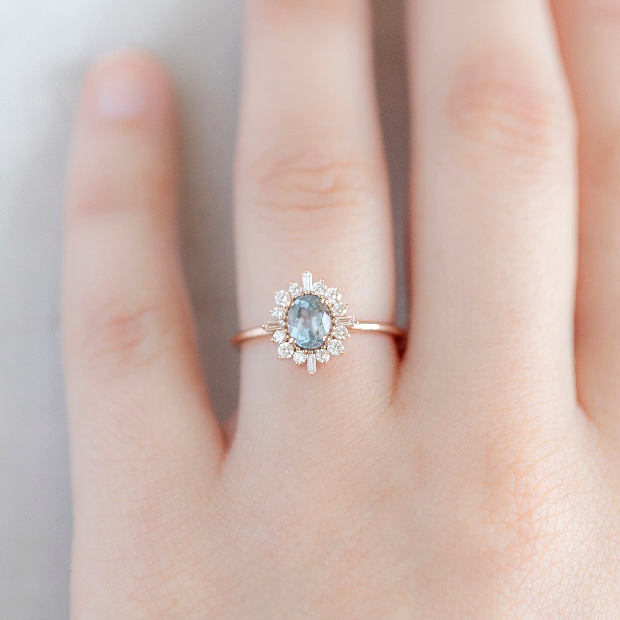 Alexis Russell Engagement Rings The Compass Ring | 0.87ct Oval Montana Sapphire in 14K Rose Gold