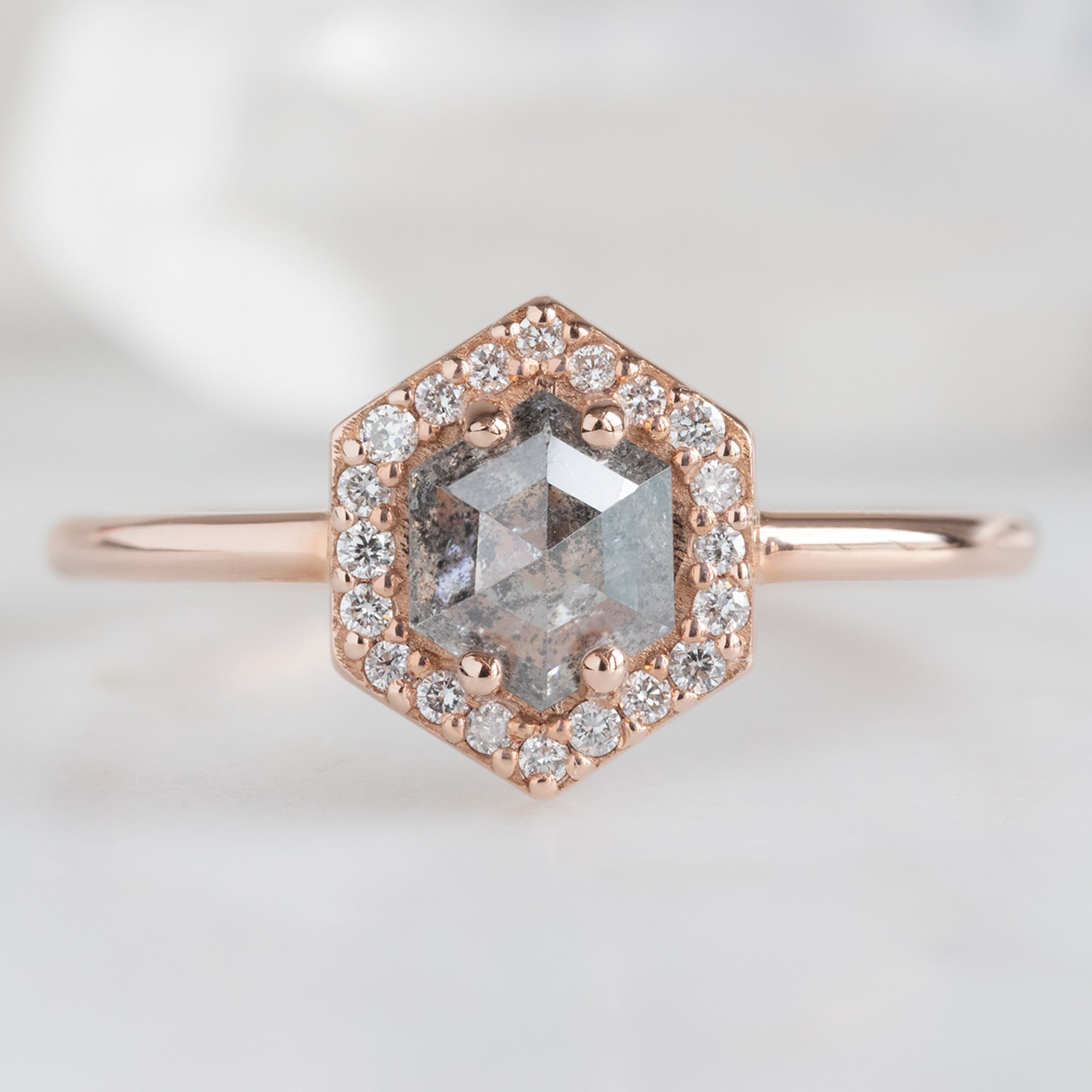 Alexis Russell Engagement Rings The Dahlia Ring | .60ct Hexagon Salt and Pepper Diamond in 14K Rose Gold