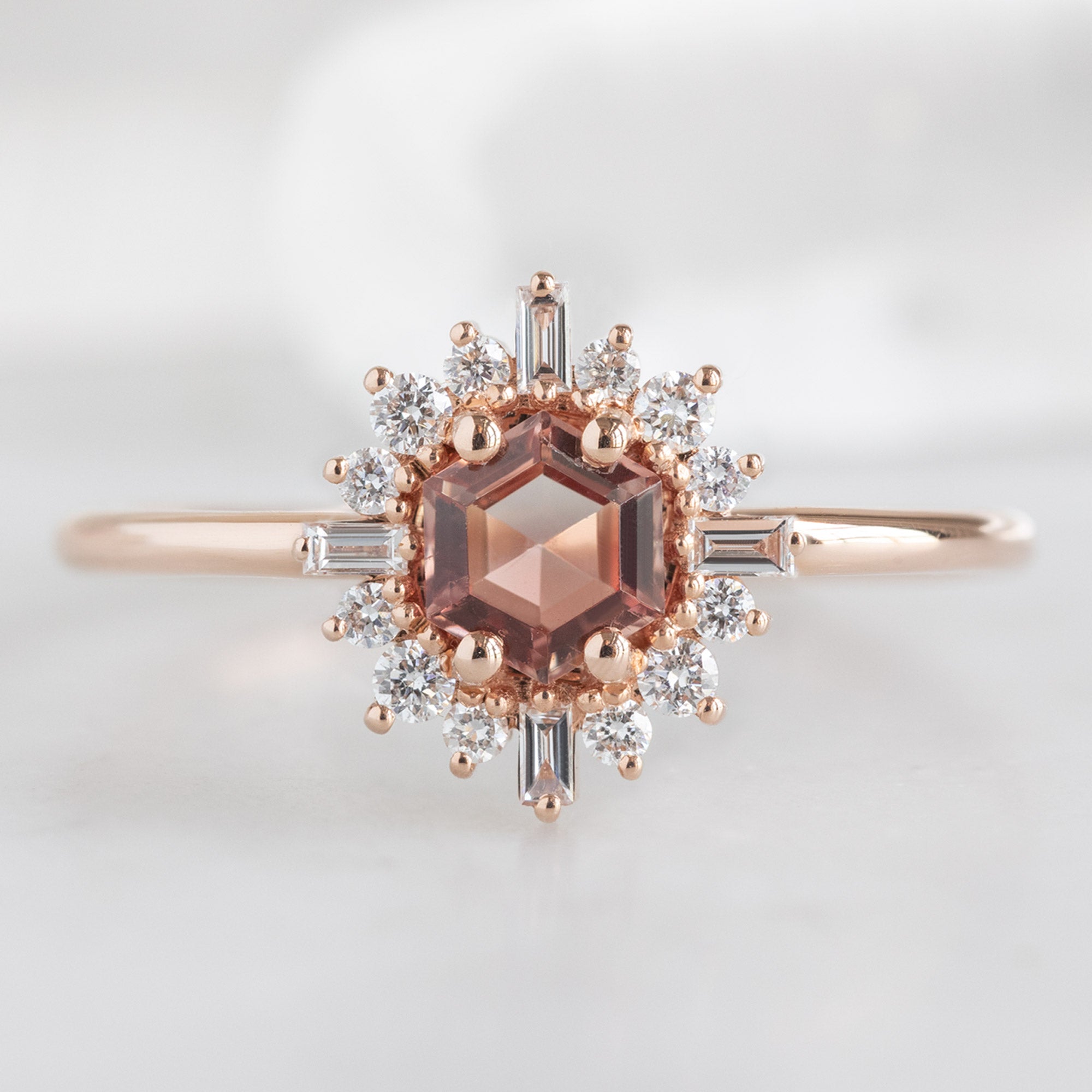 Alexis Russell Engagement Rings The Compass Ring | 0.37ct Hexagon Sunstone in 14K Rose Gold
