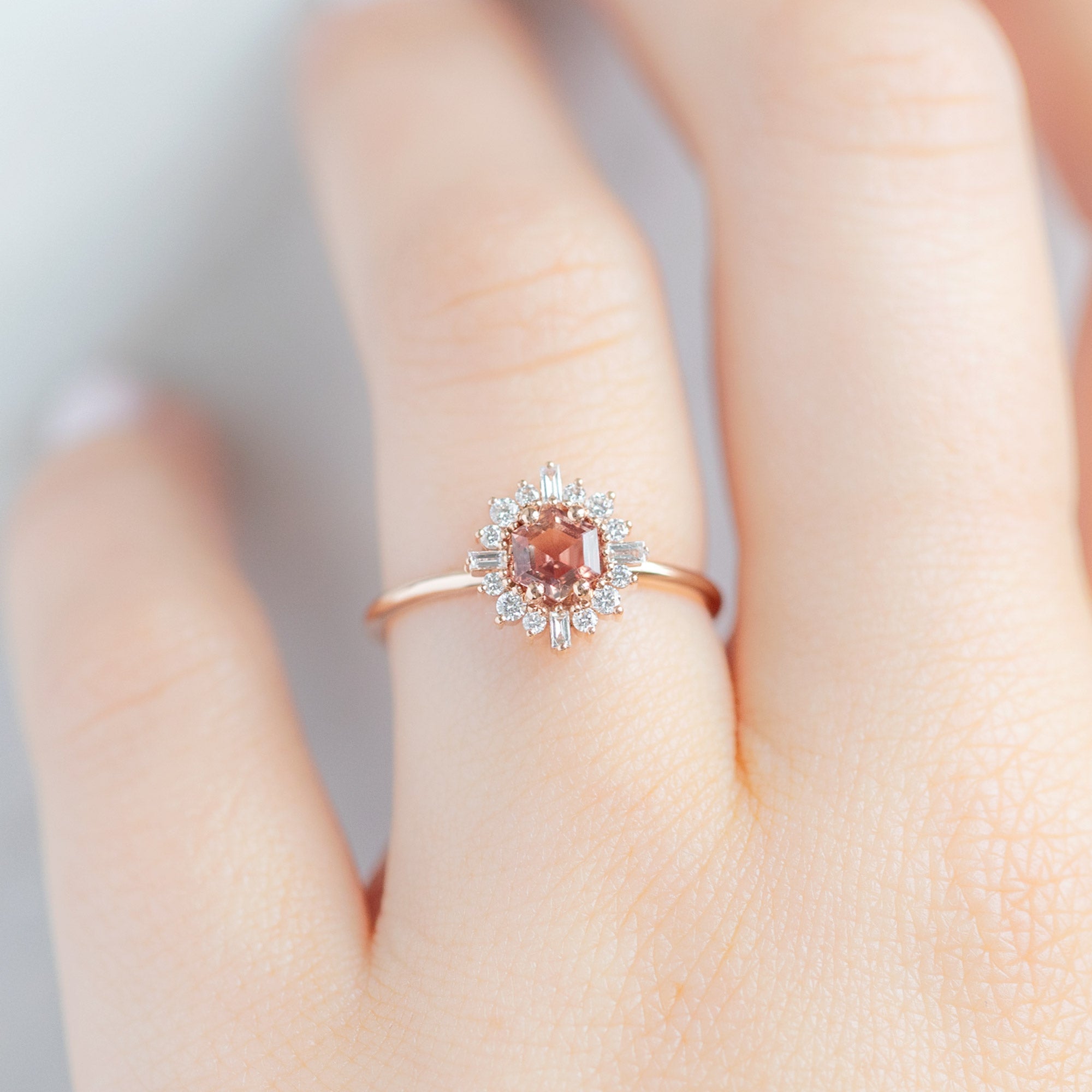 Alexis Russell Engagement Rings The Compass Ring | 0.37ct Hexagon Sunstone in 14K Rose Gold