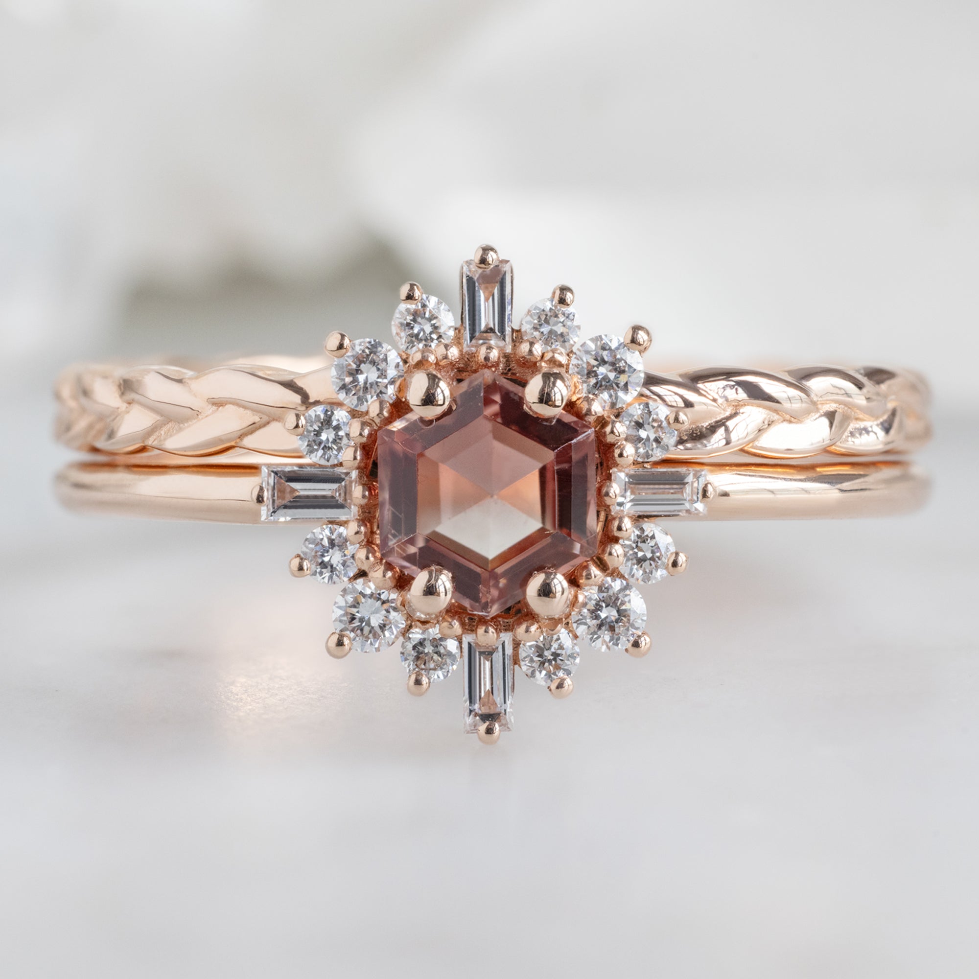 Alexis Russell Engagement Rings The Compass Ring | 0.37ct Hexagon Sunstone in 14K Rose Gold