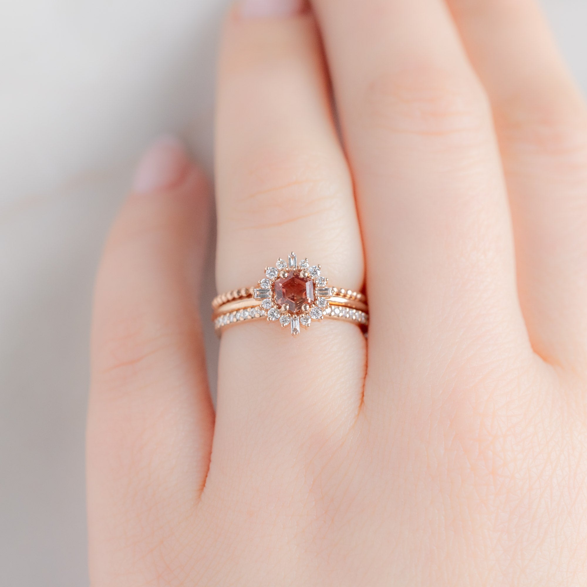 Alexis Russell Engagement Rings The Compass Ring | 0.37ct Hexagon Sunstone in 14K Rose Gold