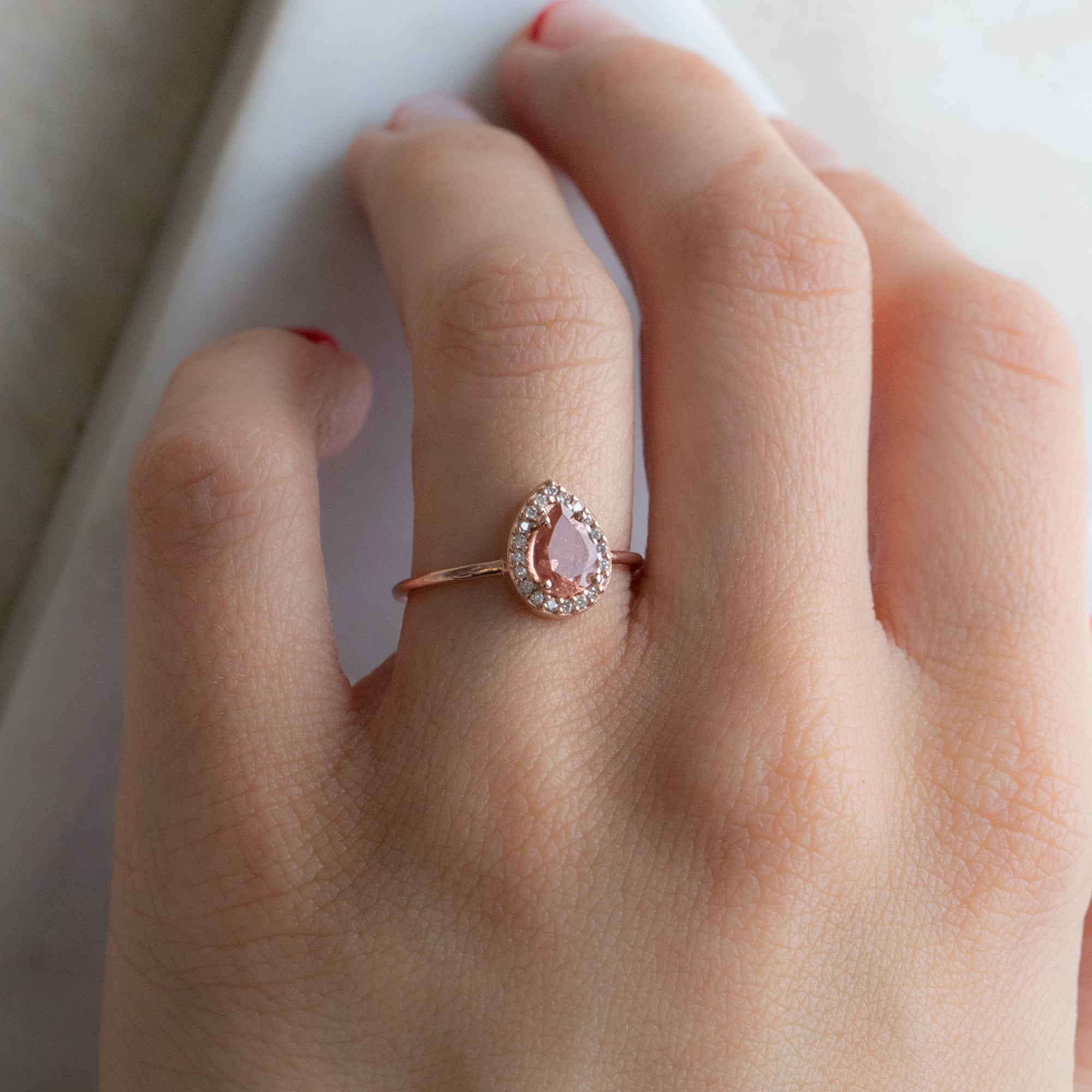Alexis Russell Engagement Rings The Dahlia Ring | 0.60ct Pear Sunstone in 14K Rose Gold