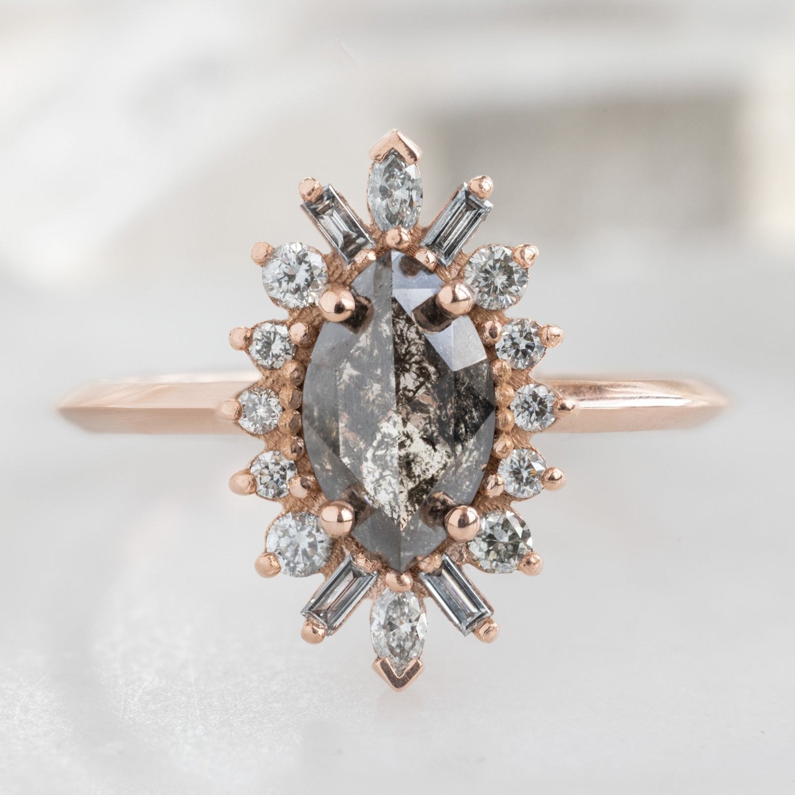 Alexis Russell Engagement Rings The Camellia Ring | 0.85ct Marquise Salt and Pepper Diamond in 14K Rose Gold
