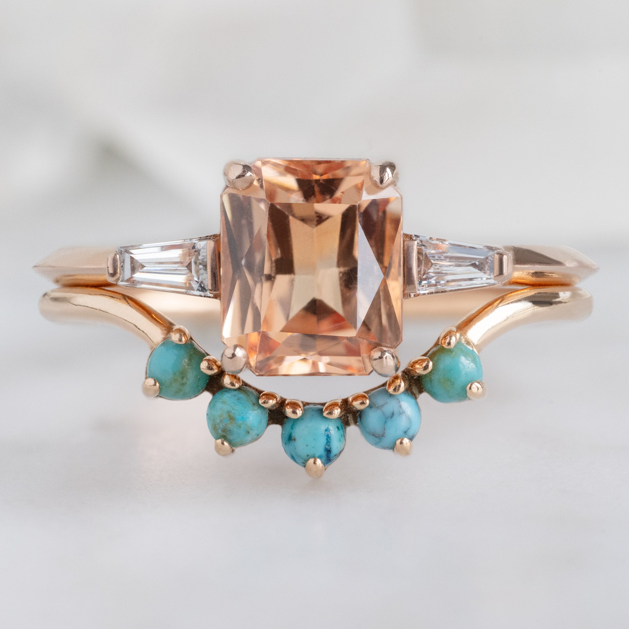 buy:the-ash-ring-1-43ct-emerald-cut-garnet-in-14k-rose-gold,round-turquoise-sunburst-stacking-band-5-stone-setting-in-14k-or-18k-white-gold