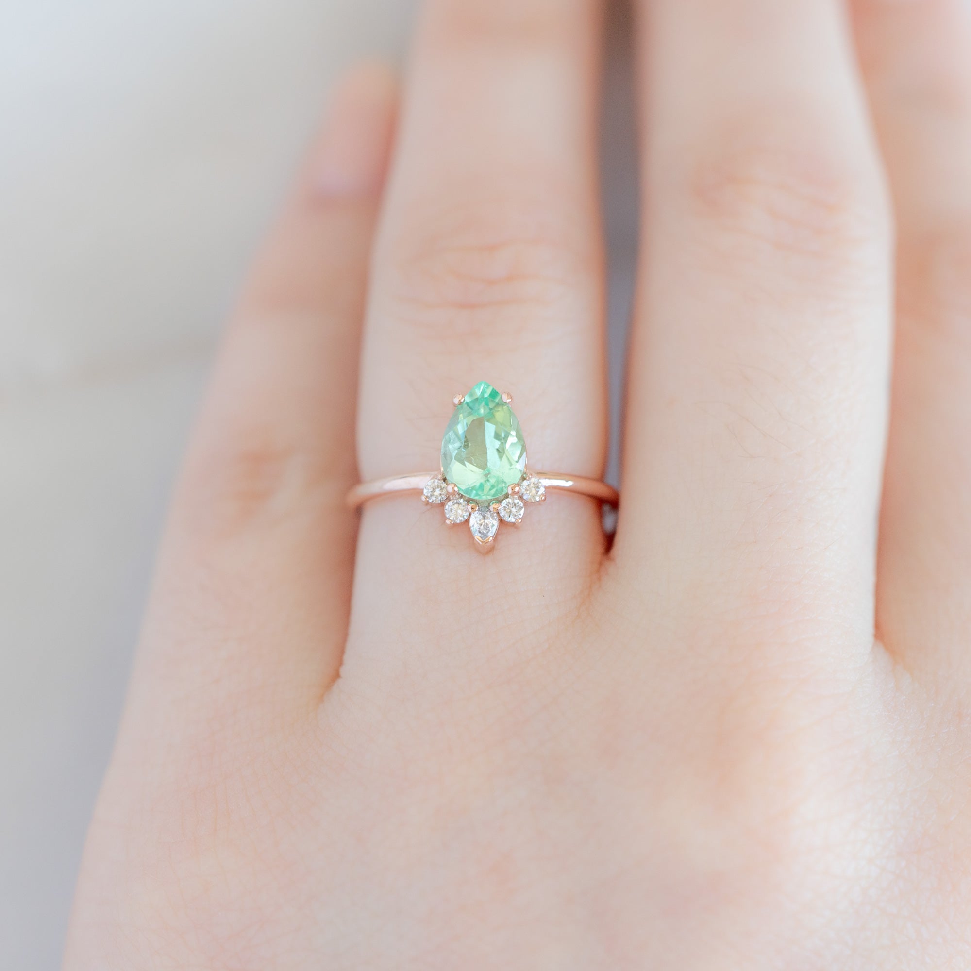 Alexis Russell Engagement Rings The Aster Ring | 1.15ct Pear Cut Emerald in 14K Rose Gold