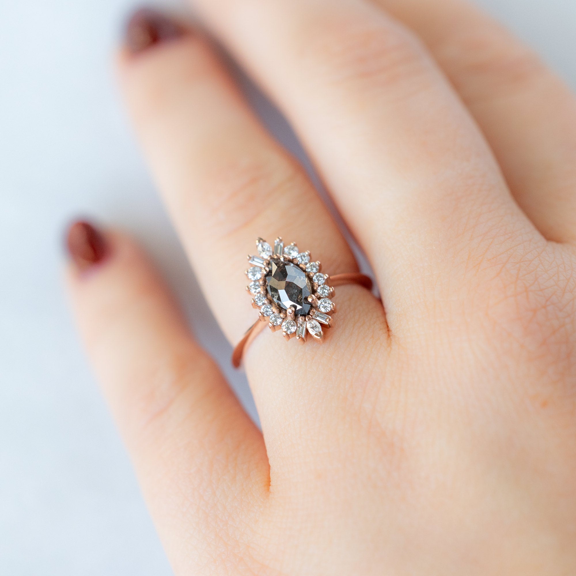 Alexis Russell Engagement Rings The Camellia Ring | 0.94ct Marquise Cut Black Diamond in 14K Rose Gold