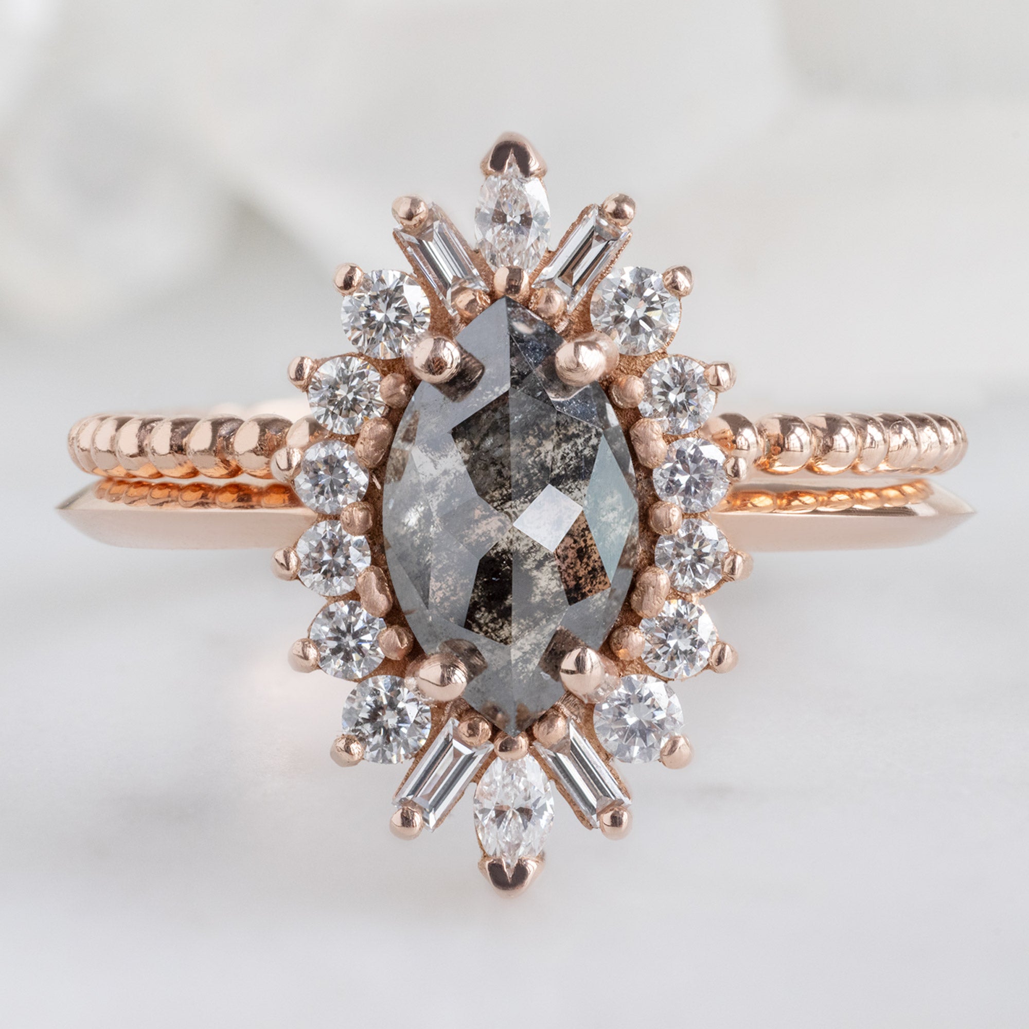 Alexis Russell Engagement Rings The Camellia Ring | 0.94ct Marquise Cut Black Diamond in 14K Rose Gold