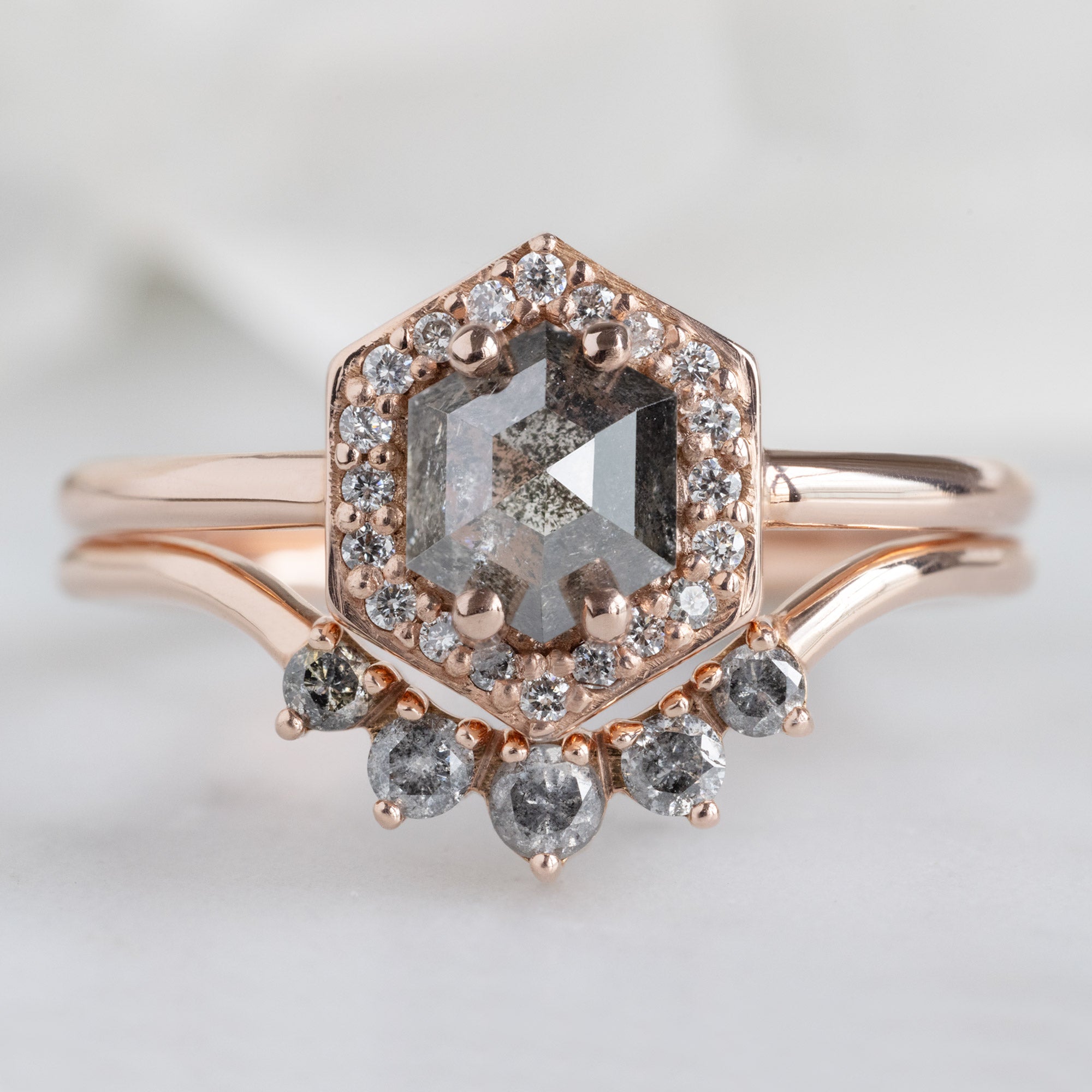 Alexis Russell Engagement Rings The Dahlia Ring | 0.89ct Hexagon Salt and Pepper Diamond in 14K Rose Gold