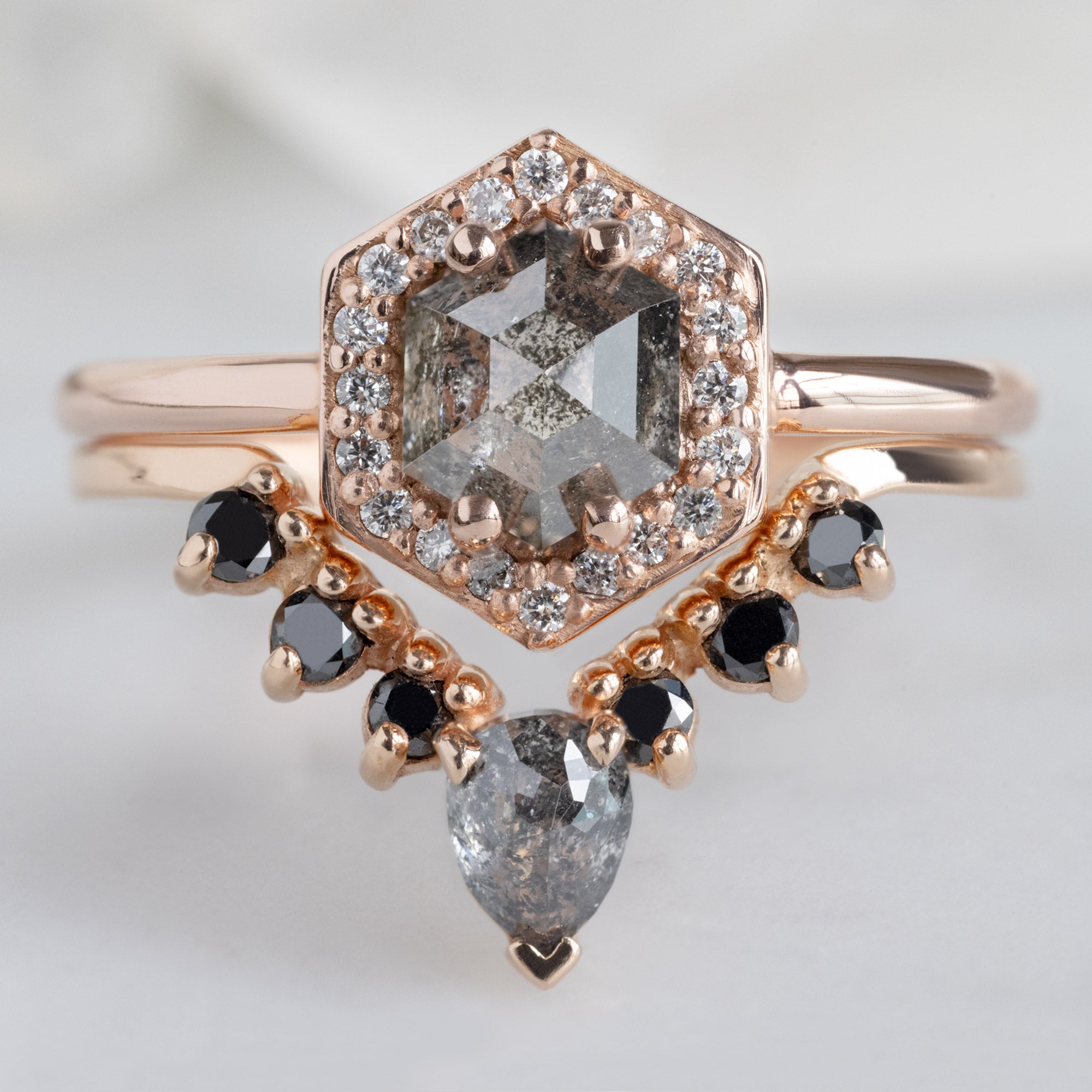 Alexis Russell Engagement Rings The Dahlia Ring | 0.89ct Hexagon Salt and Pepper Diamond in 14K Rose Gold