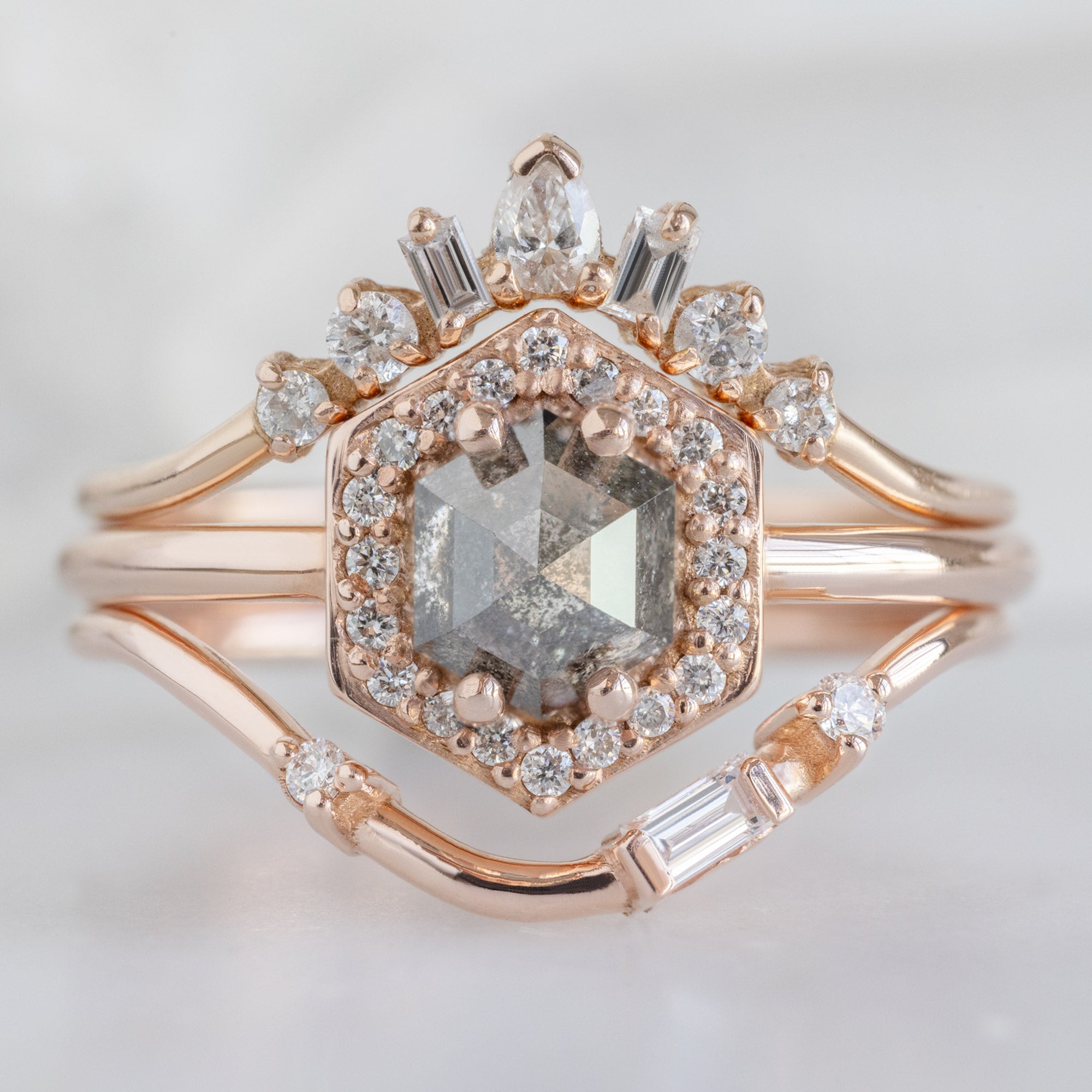 Alexis Russell Engagement Rings The Dahlia Ring | 0.89ct Hexagon Salt and Pepper Diamond in 14K Rose Gold