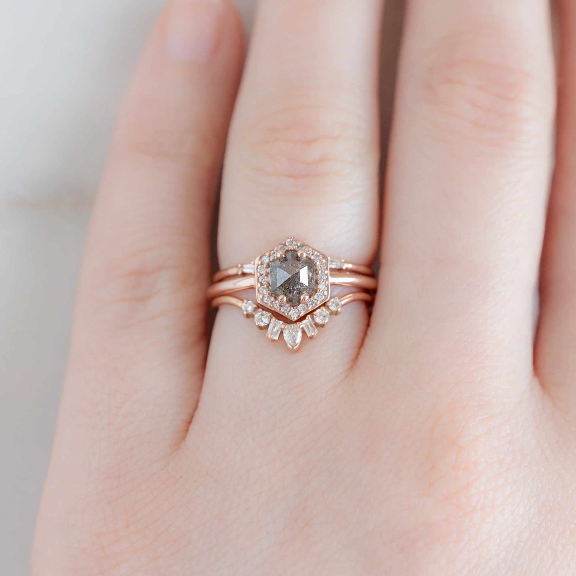 Alexis Russell Engagement Rings The Dahlia Ring | 0.89ct Hexagon Salt and Pepper Diamond in 14K Rose Gold