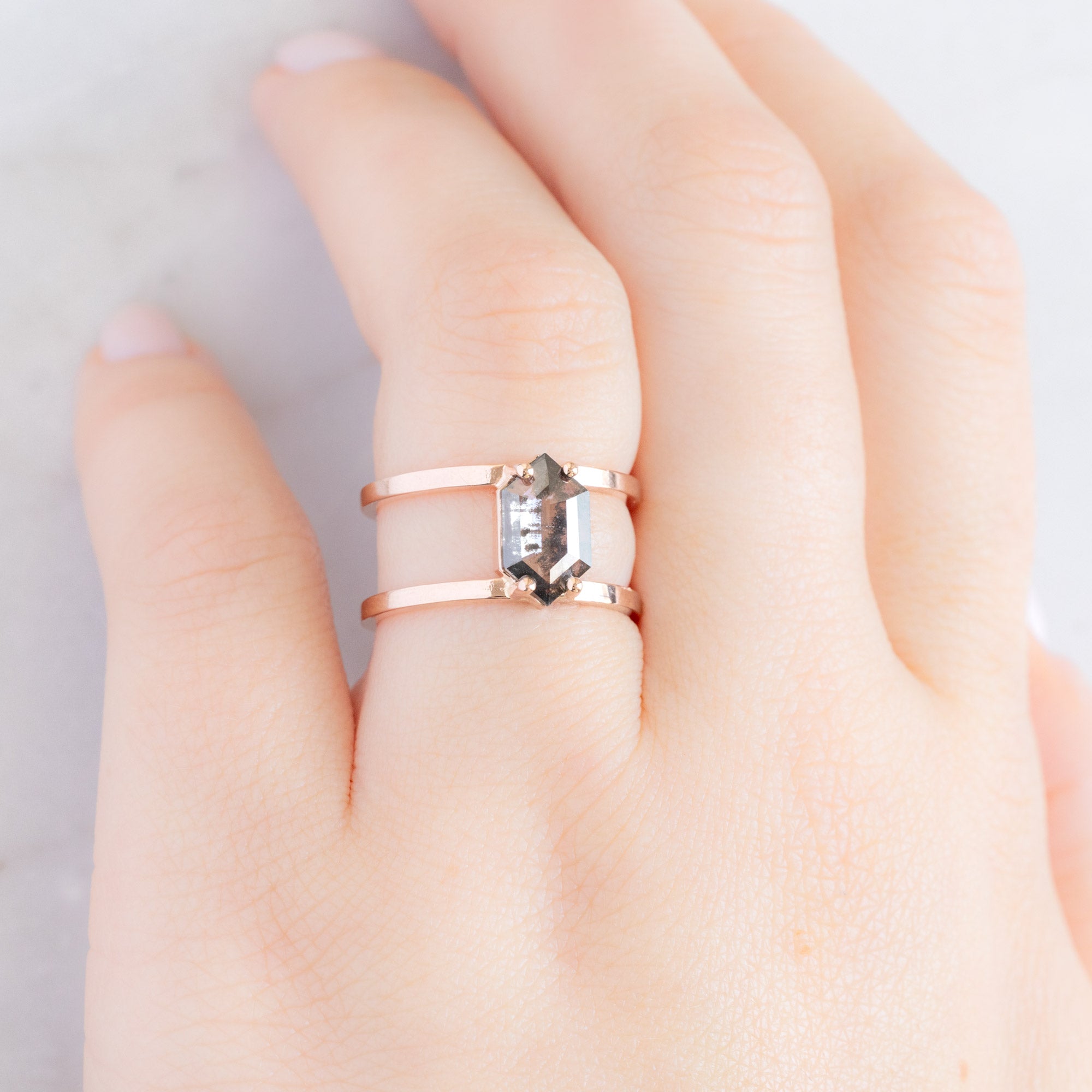 Alexis Russell Engagement Rings The Poppy Ring | 1.21ct Lab Grown Salt and Pepper Hexagon Diamond in 14K Rose Gold