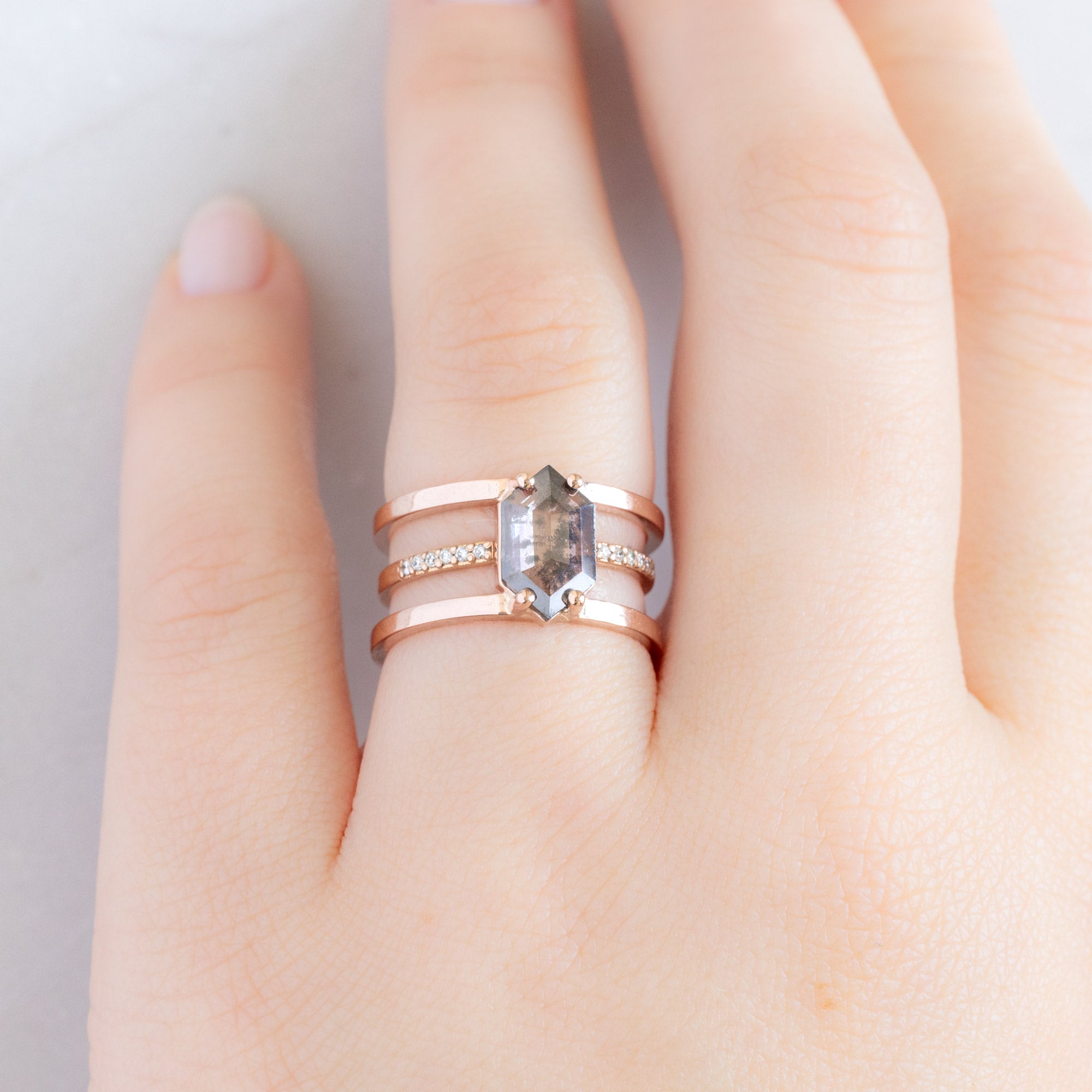 Alexis Russell Engagement Rings The Poppy Ring | 1.21ct Lab Grown Salt and Pepper Hexagon Diamond in 14K Rose Gold