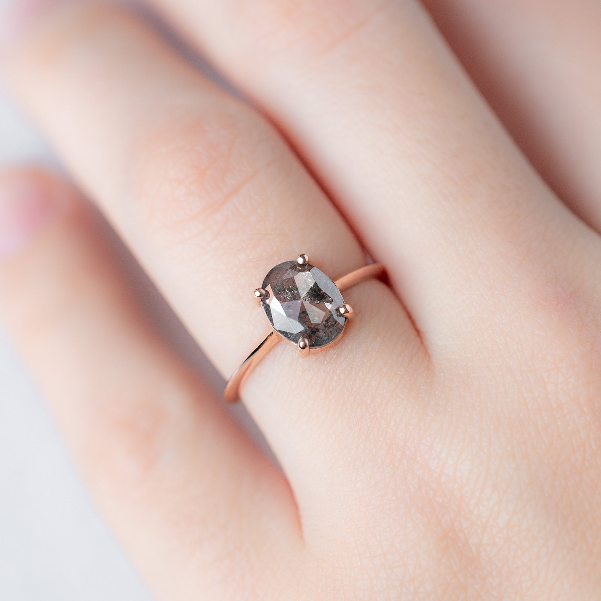Alexis Russell Engagement Rings The Bryn Ring | 0.89ct Oval Cut Salt and Pepper Diamond in 14K Rose Gold