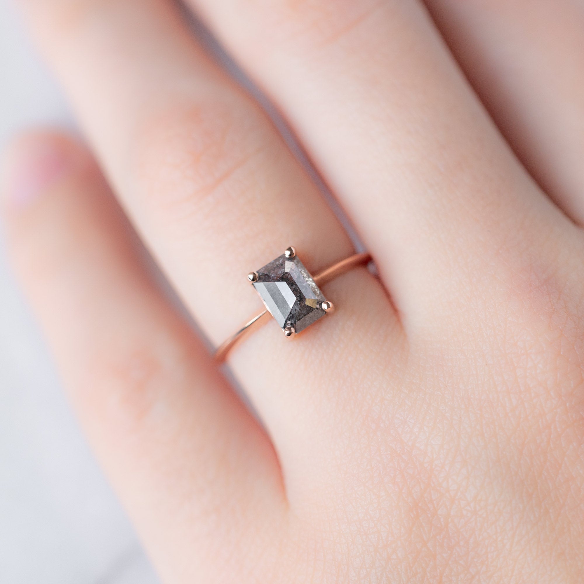 Alexis Russell Engagement Rings The Bryn Ring | 1.26ct Emerald Cut Salt and Pepper Diamond in 14K Rose Gold