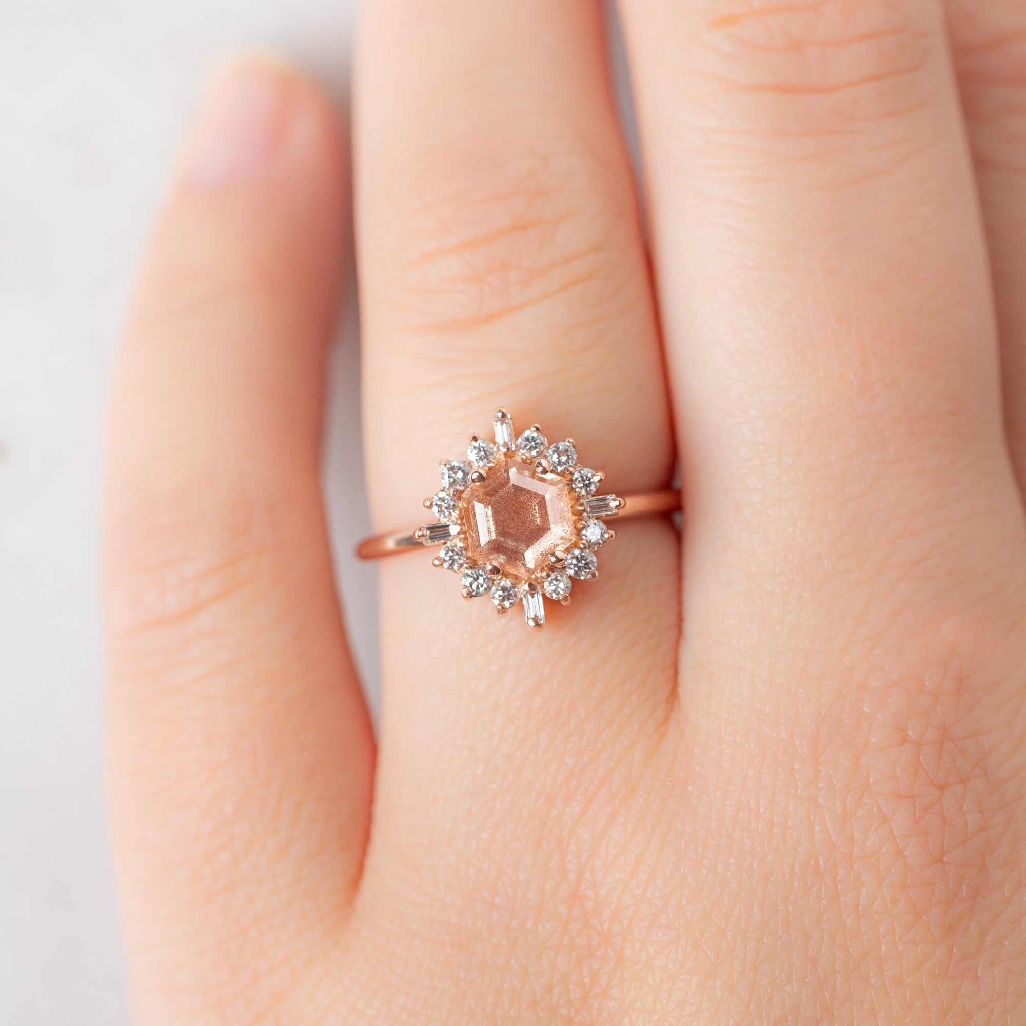 Alexis Russell  Engagement Rings The Compass Ring | 0.98ct Hexagon Oregon Sunstone in 14K Rose Gold