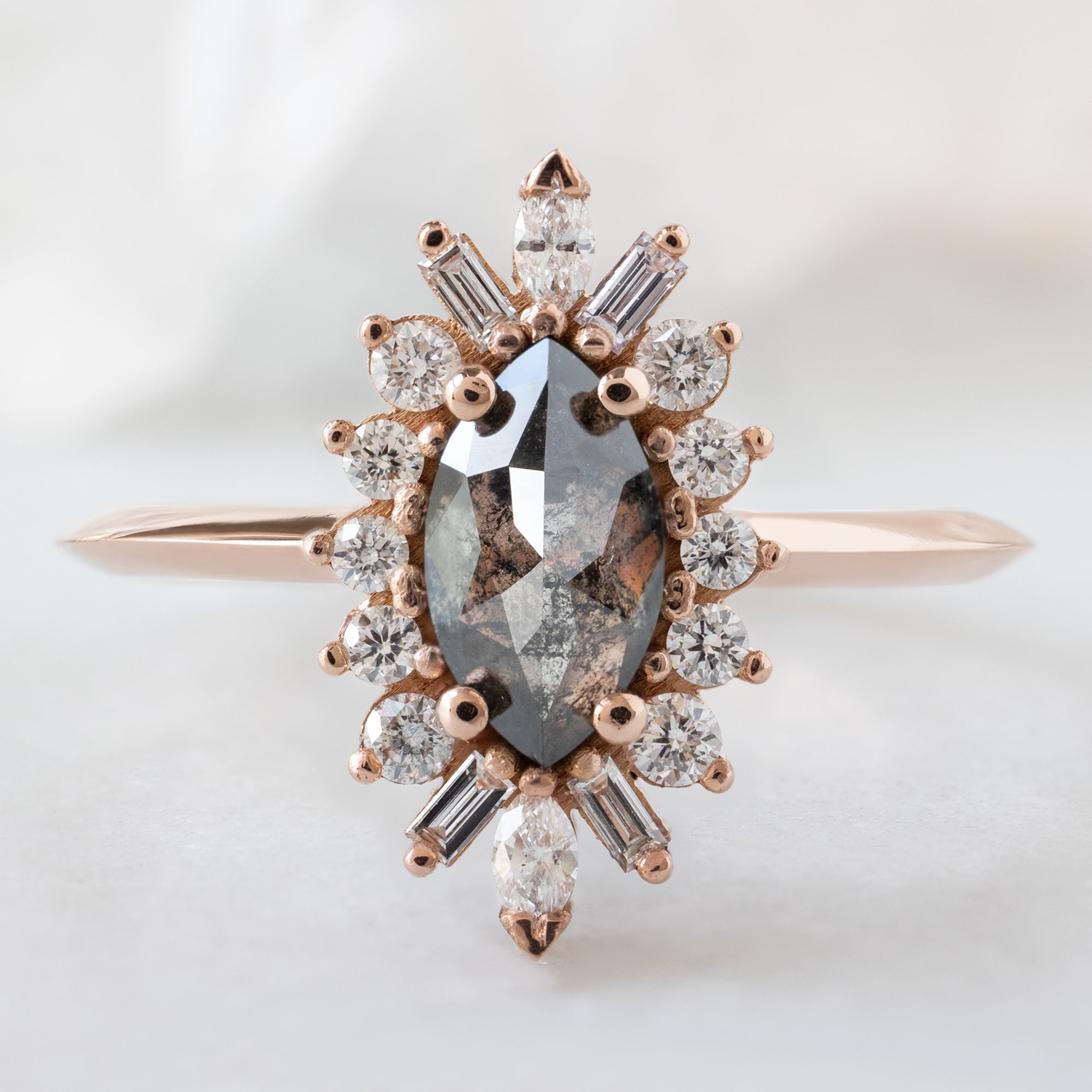 Alexis Russell  Engagement Rings The Camellia Ring | .66ct Marquise Salt and Pepper Diamond in 14K Rose Gold