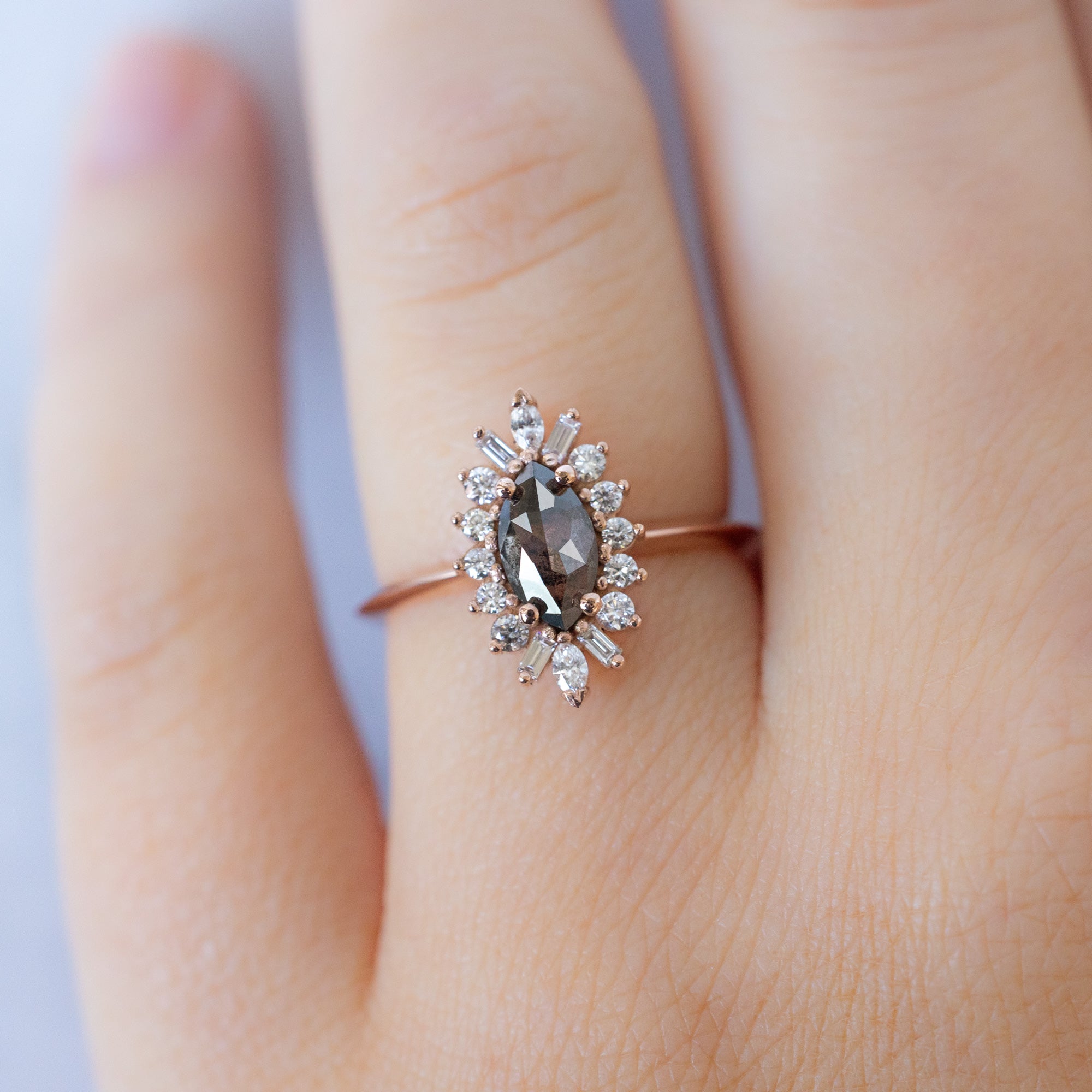 Alexis Russell  Engagement Rings The Camellia Ring | .66ct Marquise Salt and Pepper Diamond in 14K Rose Gold