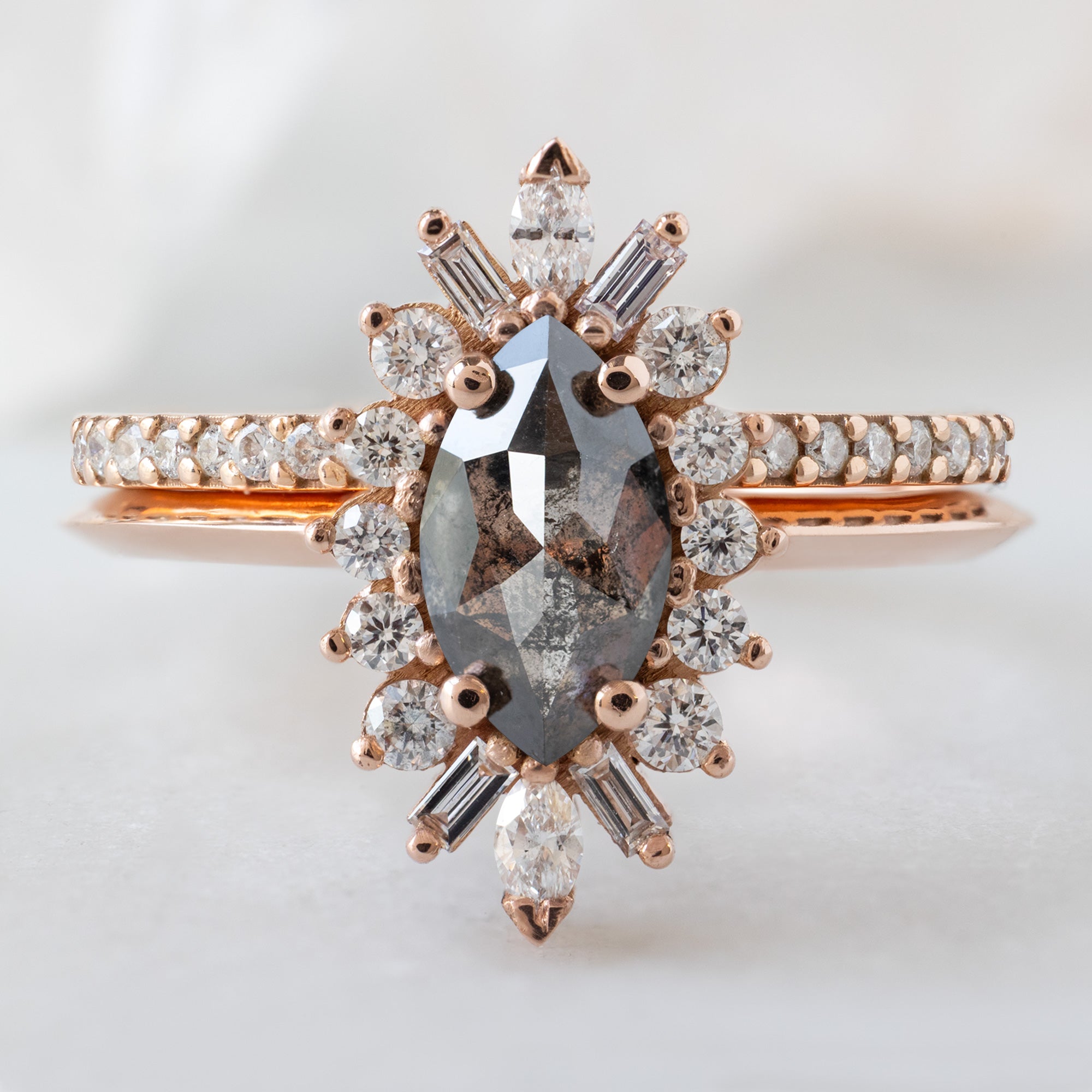 Alexis Russell  Engagement Rings The Camellia Ring | .66ct Marquise Salt and Pepper Diamond in 14K Rose Gold