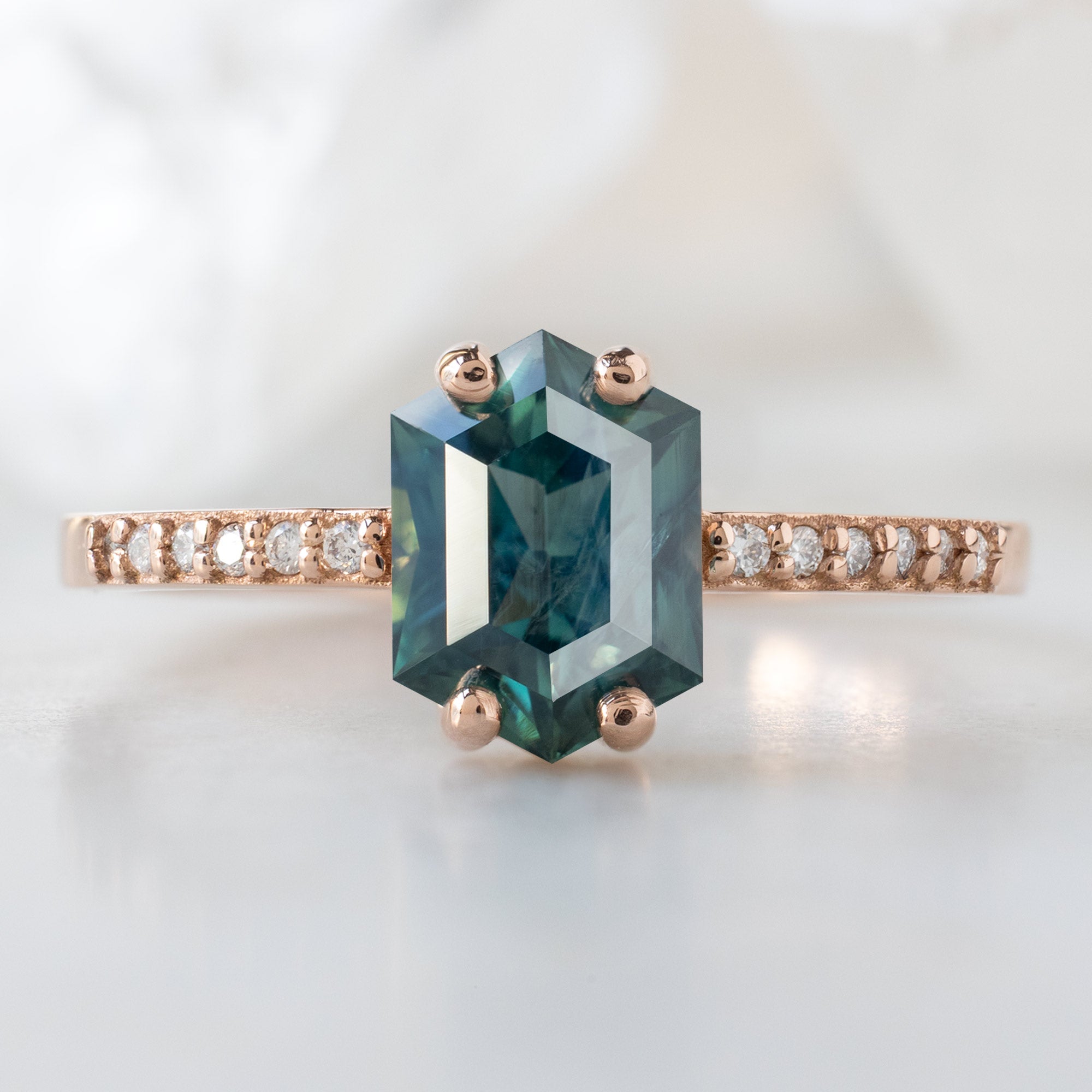 Alexis Russell  Engagement Rings The Willow Ring | 1.28ct Hexagon Teal Sapphire in 14K Rose Gold