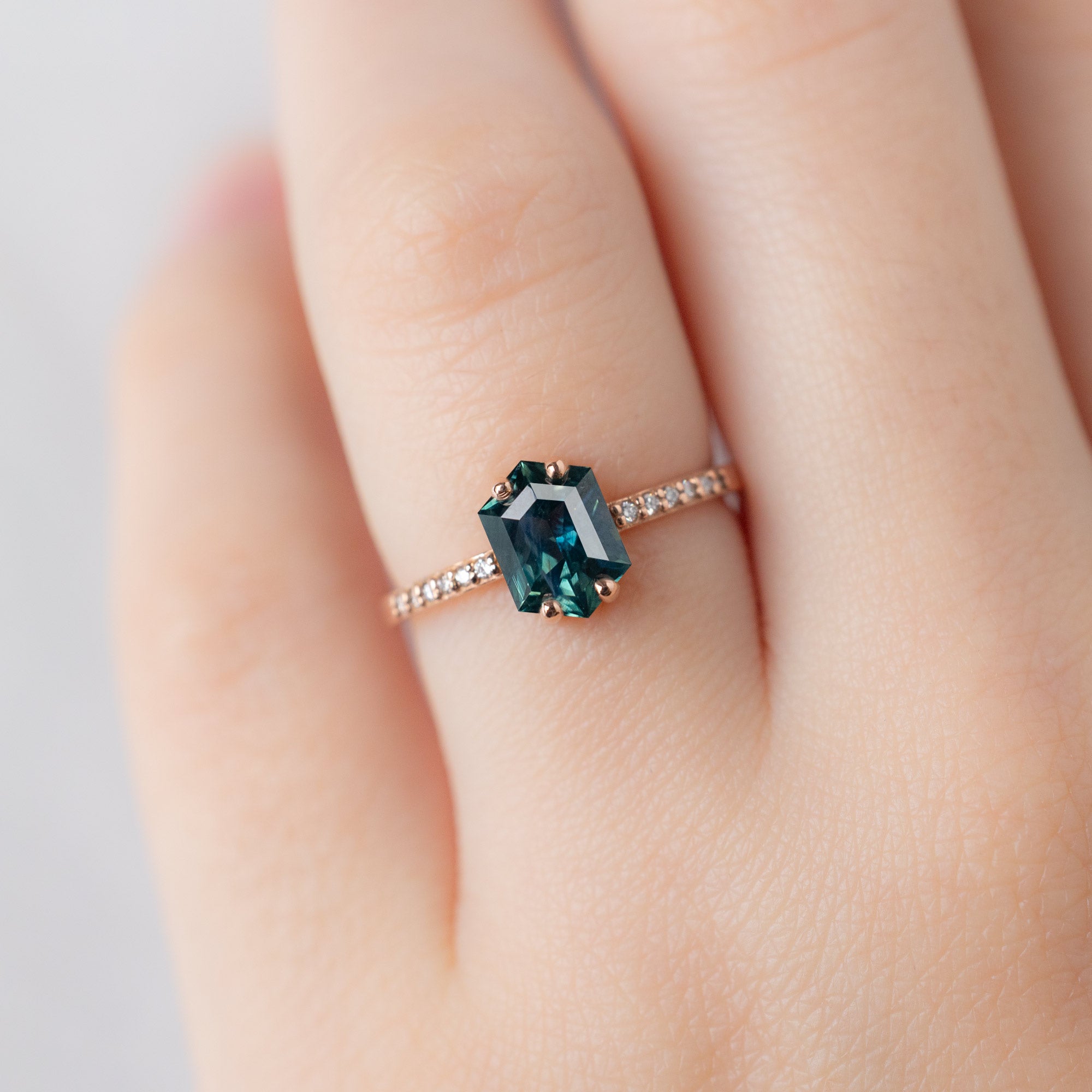 Alexis Russell  Engagement Rings The Willow Ring | 1.28ct Hexagon Teal Sapphire in 14K Rose Gold