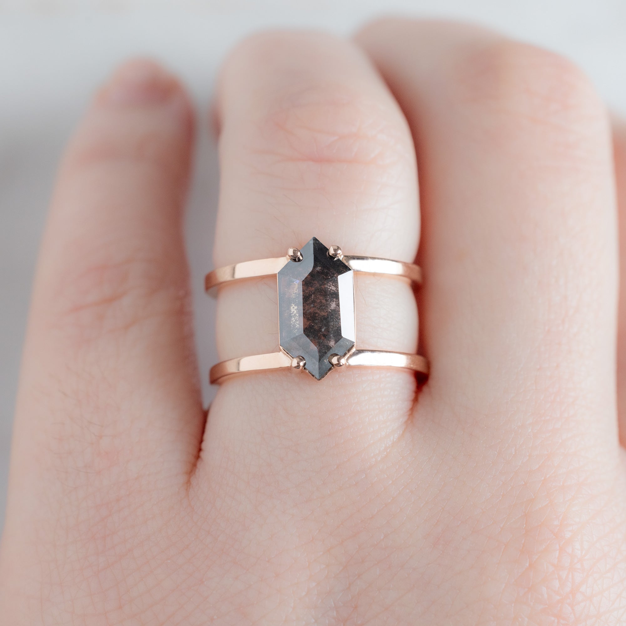 Alexis Russell  Engagement Rings The Poppy Ring | 1.13ct Lab Grown Hexagon Salt and Pepper Diamond in 14K Rose Gold