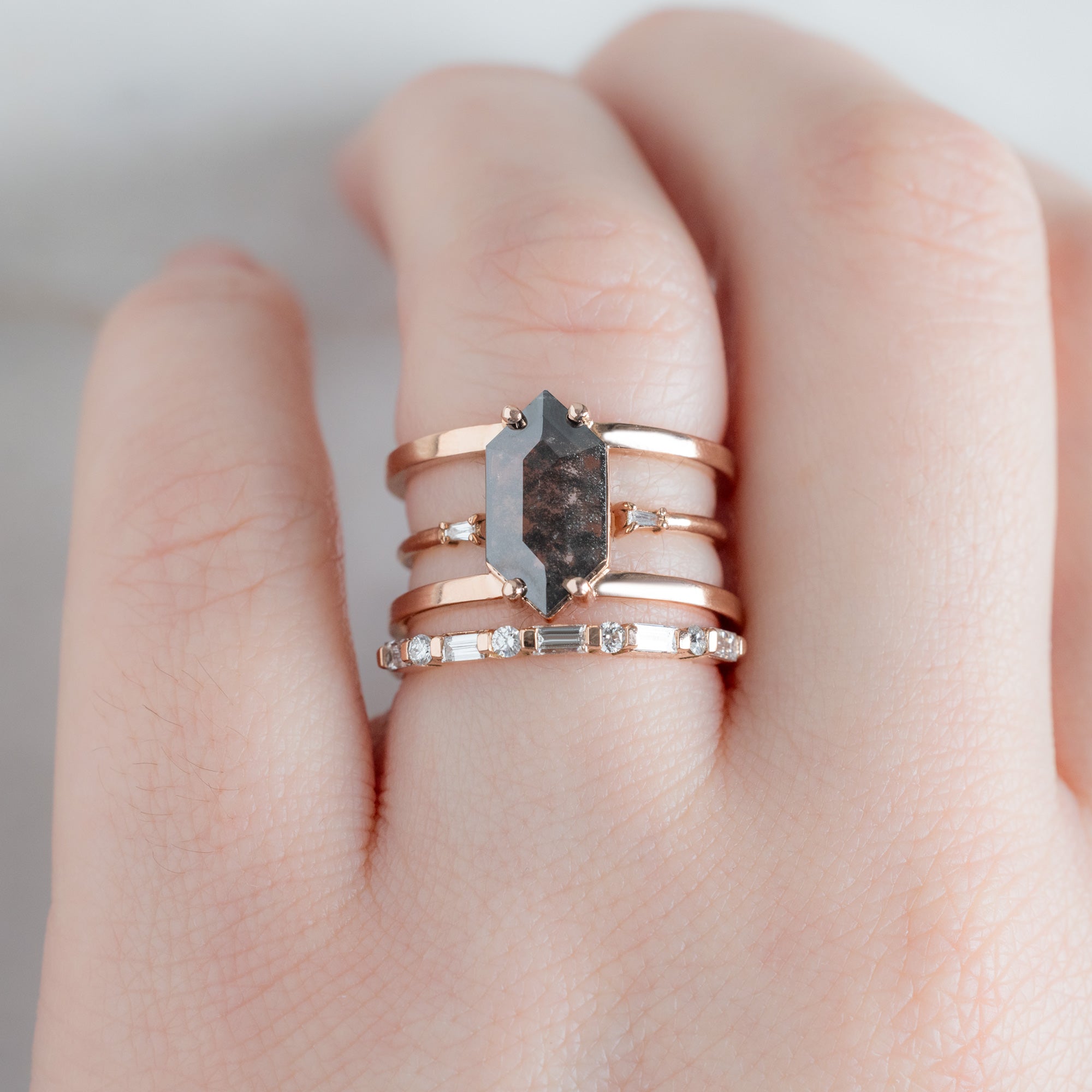 buy:the-poppy-ring-1-13ct-lab-grown-hexagon-salt-and-pepper-diamond-in-14k-rose-gold,open-cuff-baguette-white-diamond-stacking-band-14k-or-18k-yellow-gold,the-luxe-baguette-white-diamond-eternity-band-yellow-rose-or-white-gold