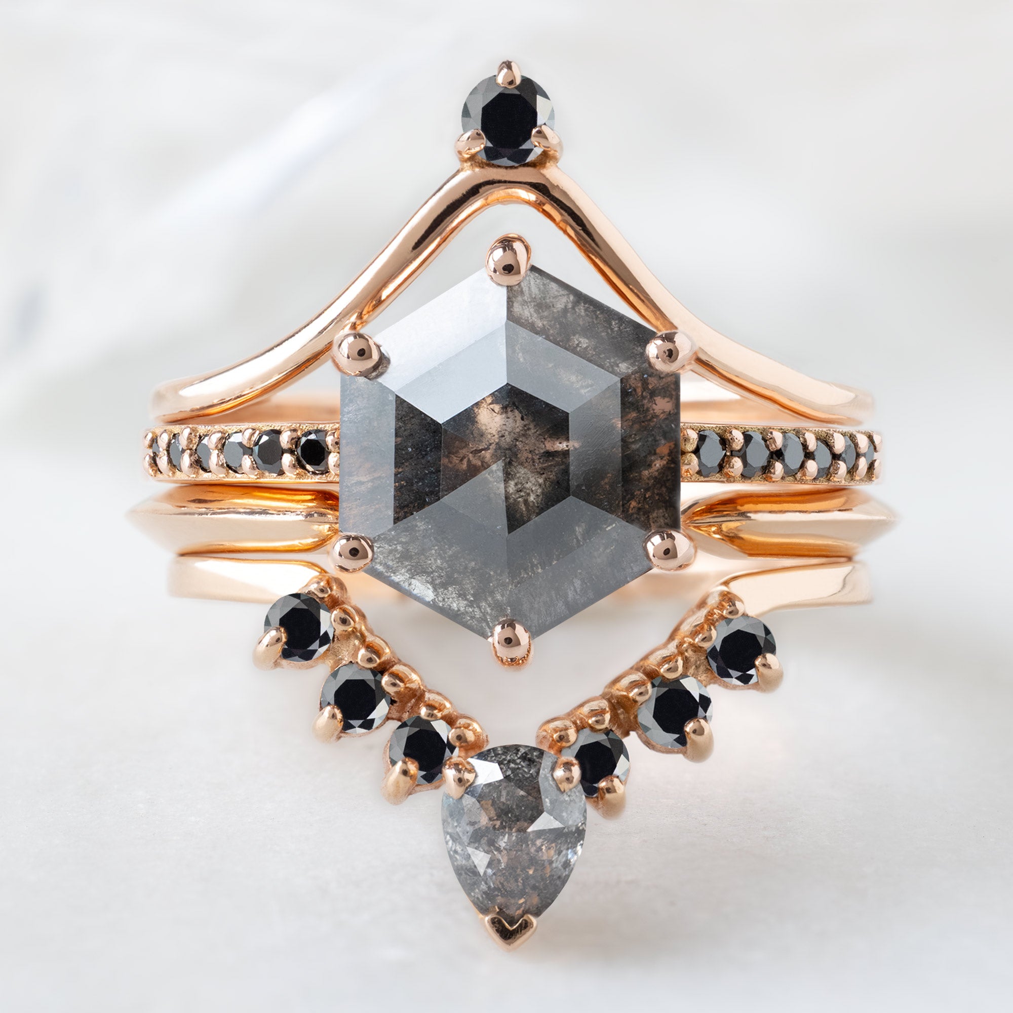 buy:black-diamond-crown-stacking-band-14k-or-18k-rose-gold,the-willow-ring-1-51ct-hexagon-black-diamond-in-14k-rose-gold,pear-black-diamond-sunburst-stacking-band-14k-gold