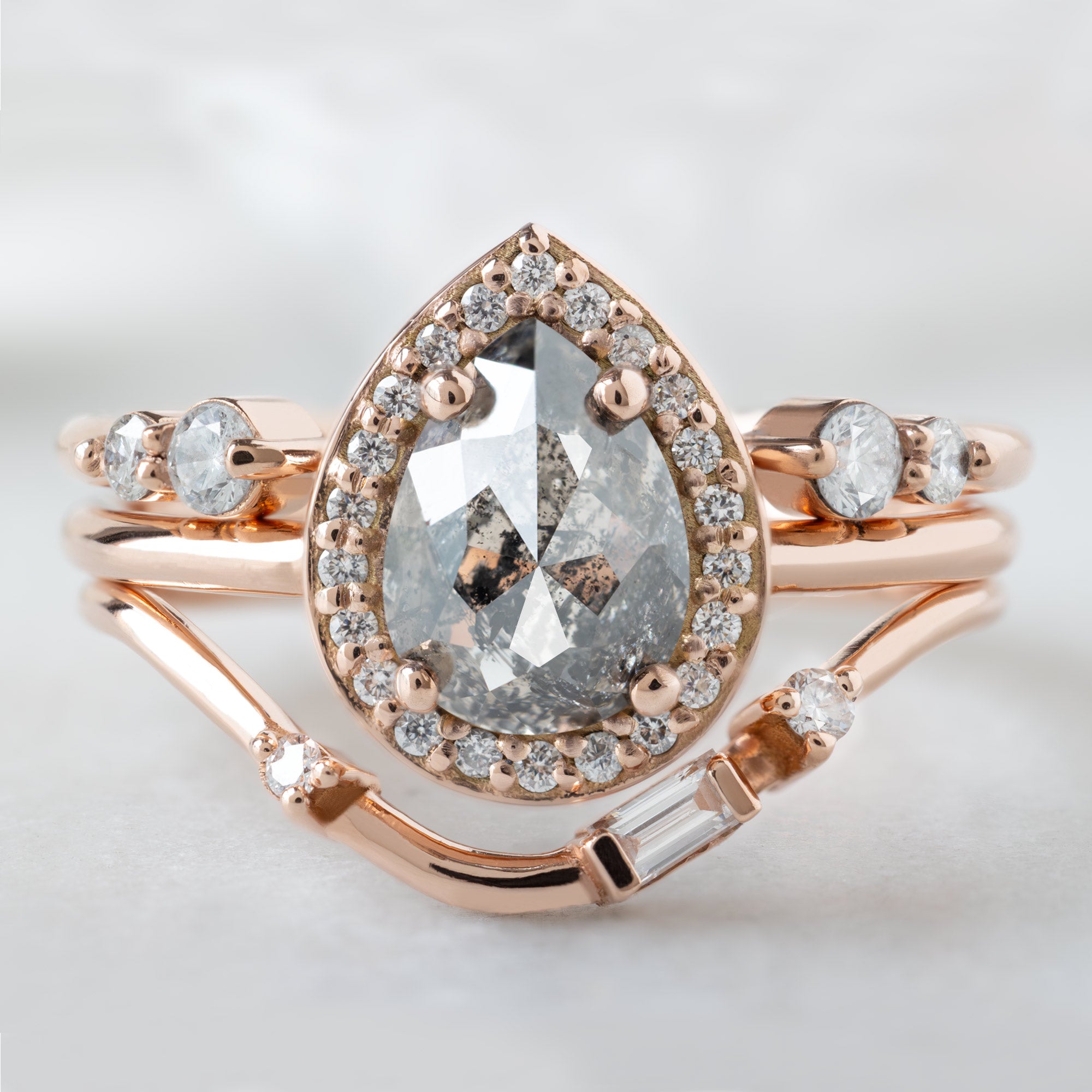 buy:the-luxe-open-cuff-white-round-diamond-stacking-band-yellow-rose-or-white-gold,the-dahlia-ring-1-39ct-pear-salt-and-pepper-diamond-in-14k-rose-gold,asymmetrical-baguette-diamond-arc-stacking-band-in-14k-yellow-gold
