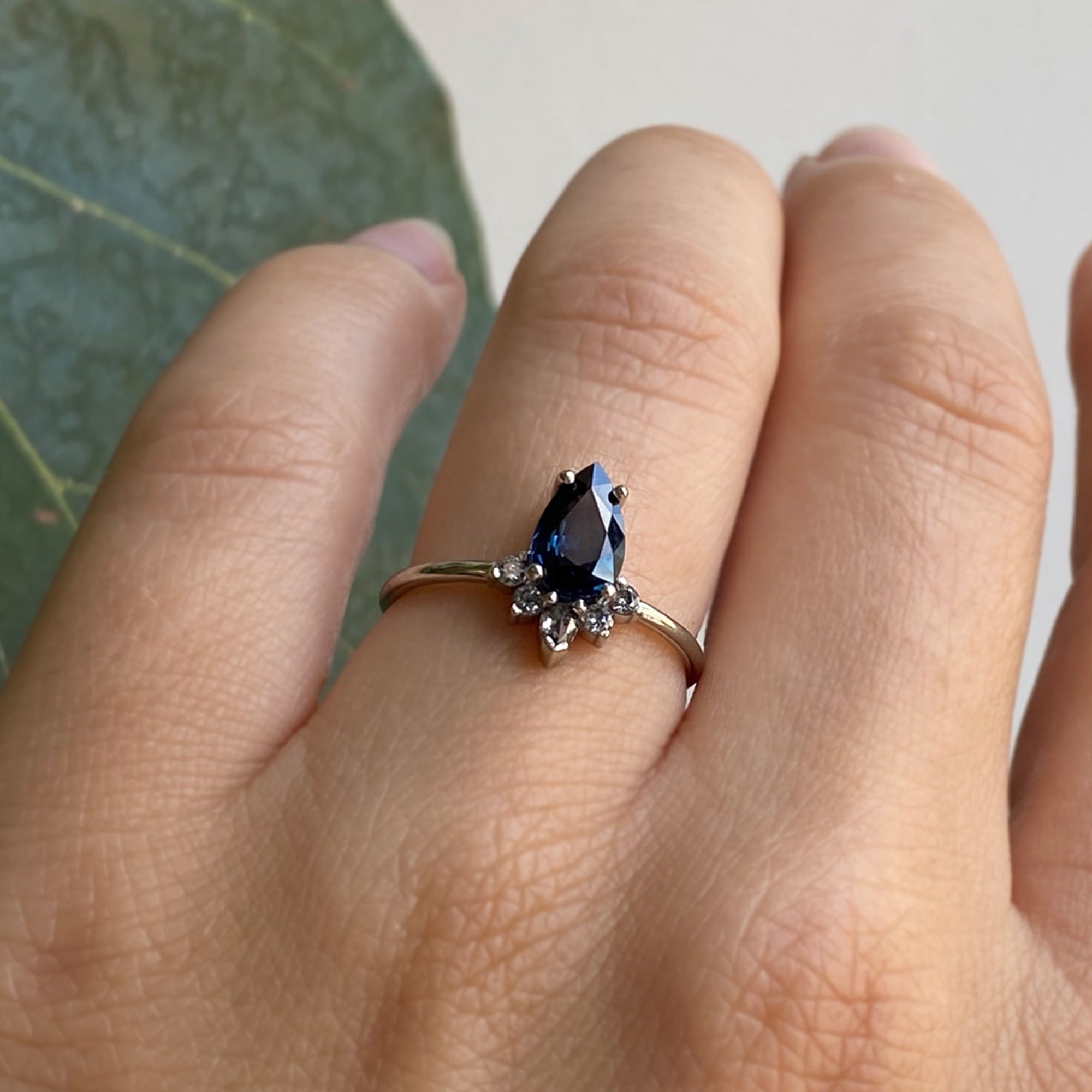 Alexis Russell Engagement Rings The Aster Ring | 0.90ct Pear Blue Sapphire in 14K White Gold