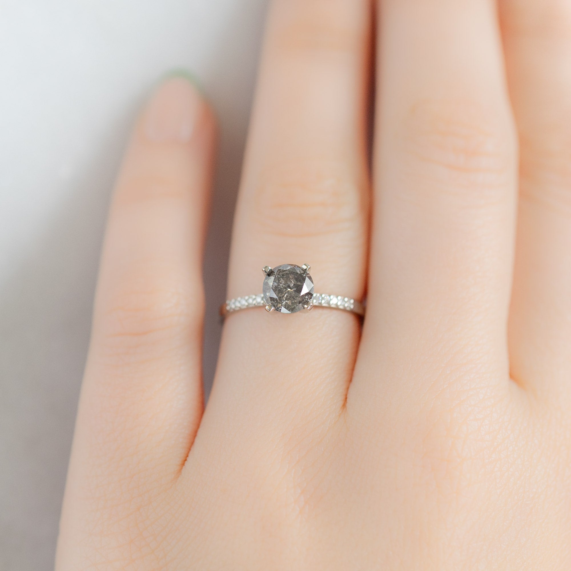 Alexis Russell Engagement Rings The Willow Ring | 1.05ct Round Salt and Pepper Diamond in 14K White Gold