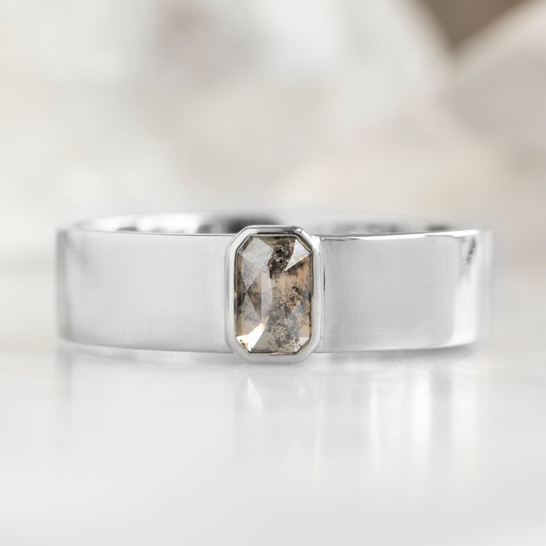 Alexis Russell Engagement Rings The Cigar Band with an Emerald-Cut Salt and Pepper Diamond | Yellow, Rose or White Gold