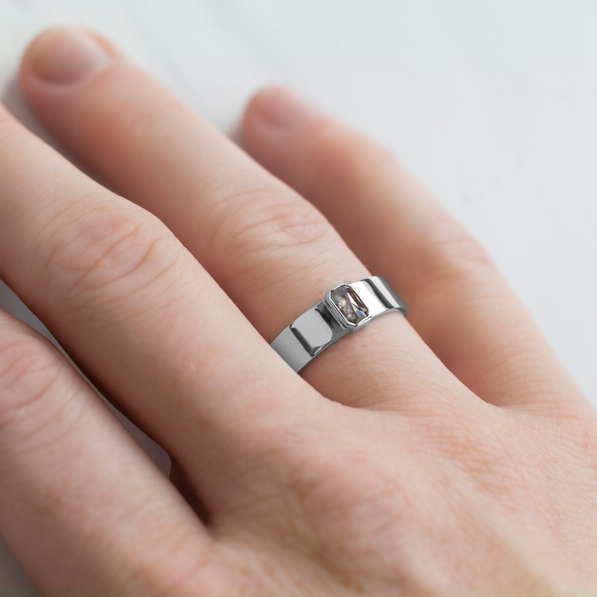 Alexis Russell Engagement Rings The Cigar Band with an Emerald-Cut Salt and Pepper Diamond | Yellow, Rose or White Gold