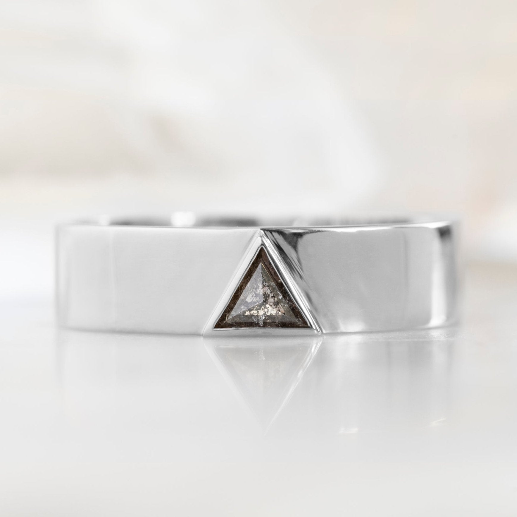 Alexis Russell Engagement Rings The Cigar Band with a Trillion Salt and Pepper Diamond | Yellow, Rose or White Gold