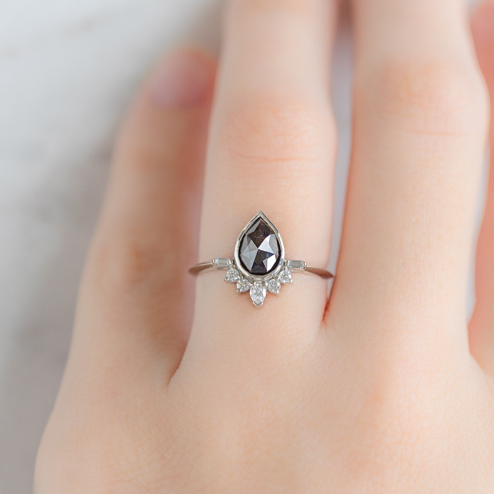Alexis Russell Engagement Rings The Posy Ring | 1.29ct Pear Black Diamond in 14K White Gold