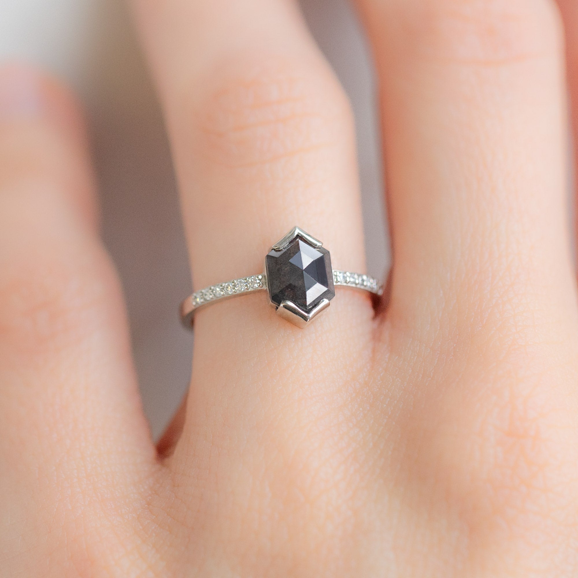 Alexis Russell Engagement Rings The Willow Ring | 0.78ct Hexagon Black Diamond in 14K White Gold