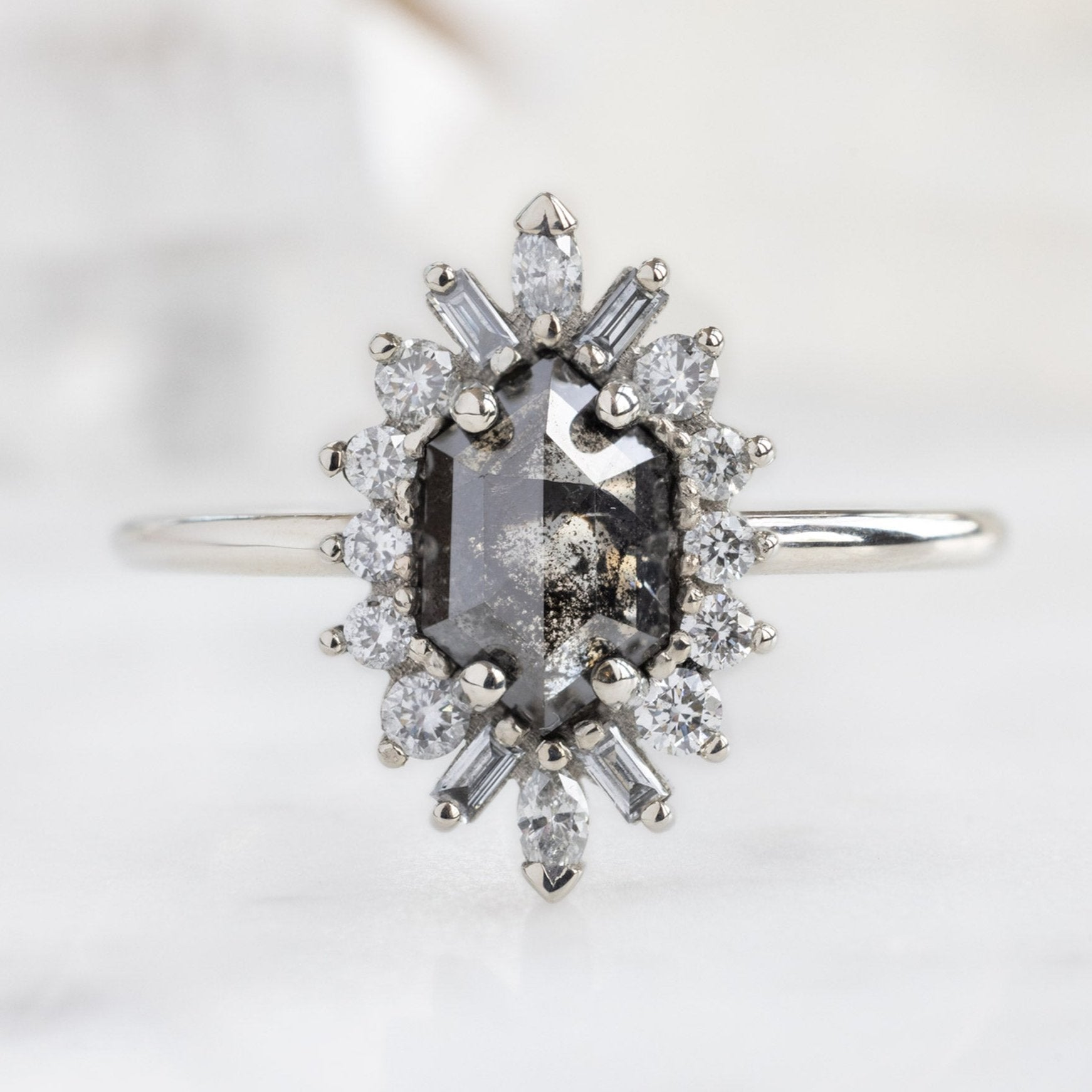 Alexis Russell Engagement Rings The Camellia Ring | 1.08ct Hexagon Black Diamond in 14K White Gold