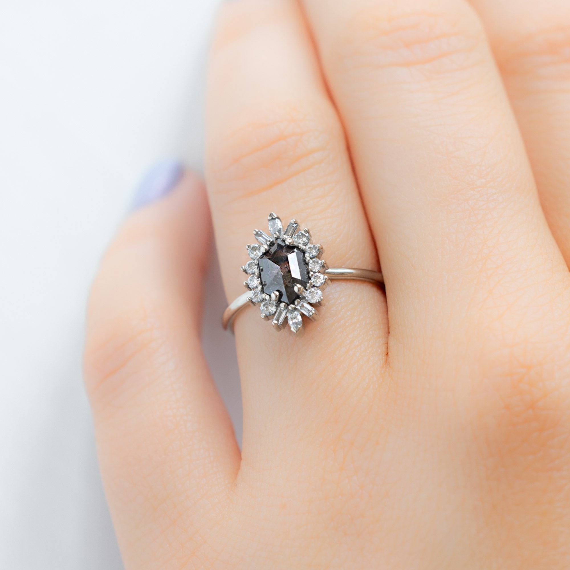Alexis Russell Engagement Rings The Camellia Ring | 1.08ct Hexagon Black Diamond in 14K White Gold
