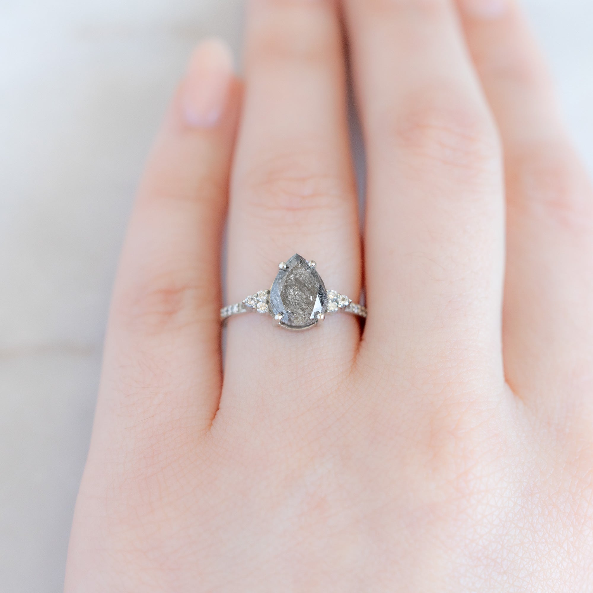 Alexis Russell Engagement Rings The Ivy Ring | 2.21ct Pear Cut Salt and Pepper Diamond in 14K White Gold