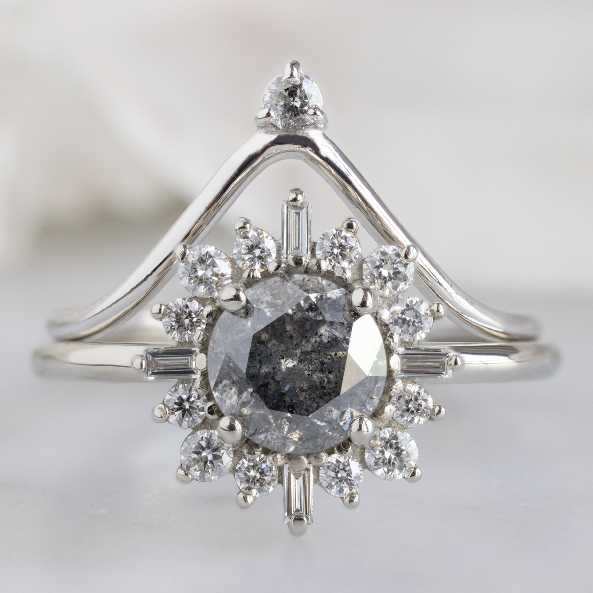 Alexis Russell Engagement Rings The Compass Ring | 0.96ct Round Salt and Pepper Diamond in 14K White Gold