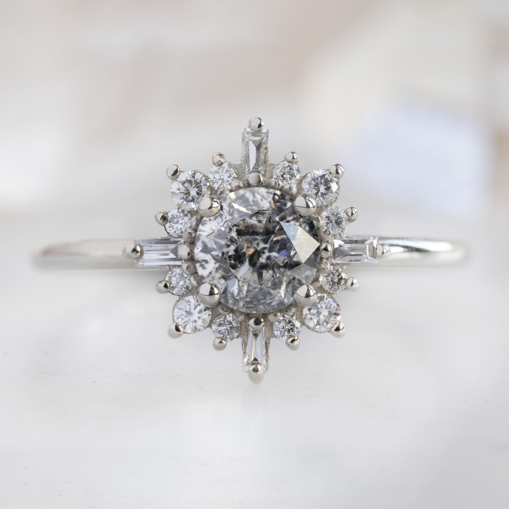 Alexis Russell Engagement Rings The Compass Ring | 1.10ct Round Salt and Pepper Diamond in 14K White Gold