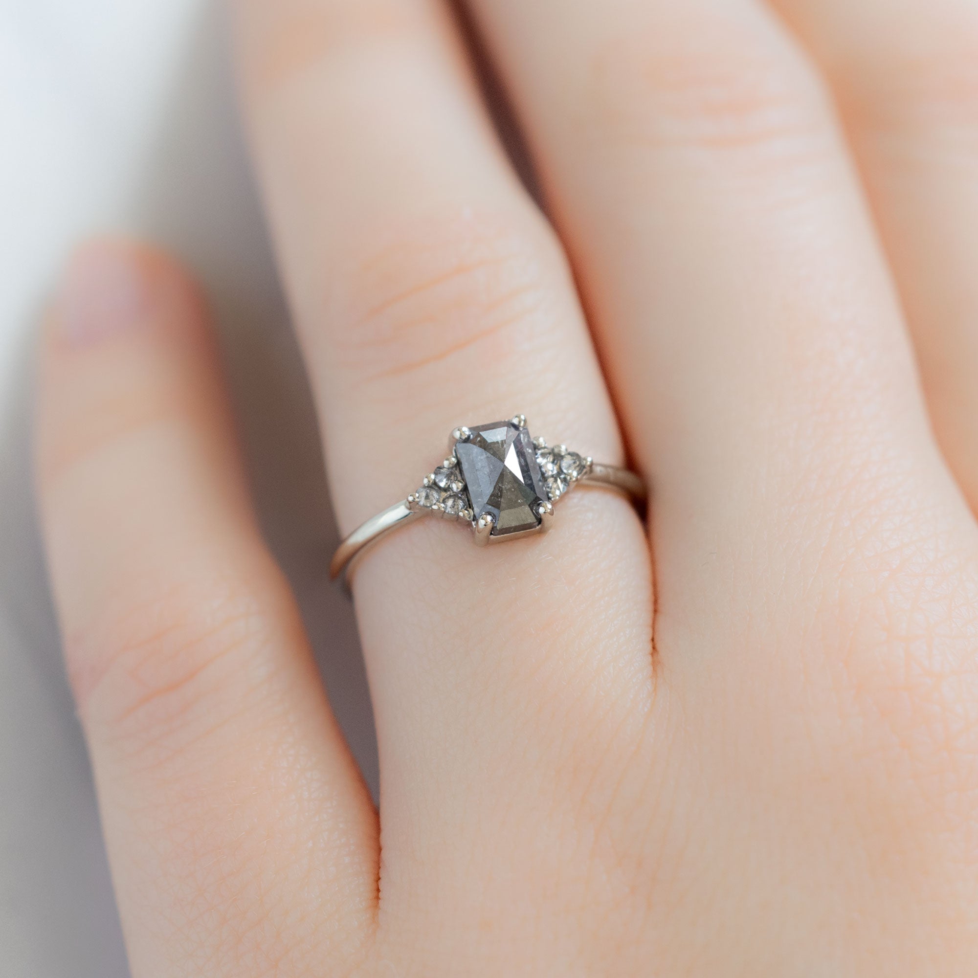Alexis Russell Engagement Rings The Ivy Ring | 0.95ct Emerald Cut Salt and Pepper Diamond in 14K White Gold