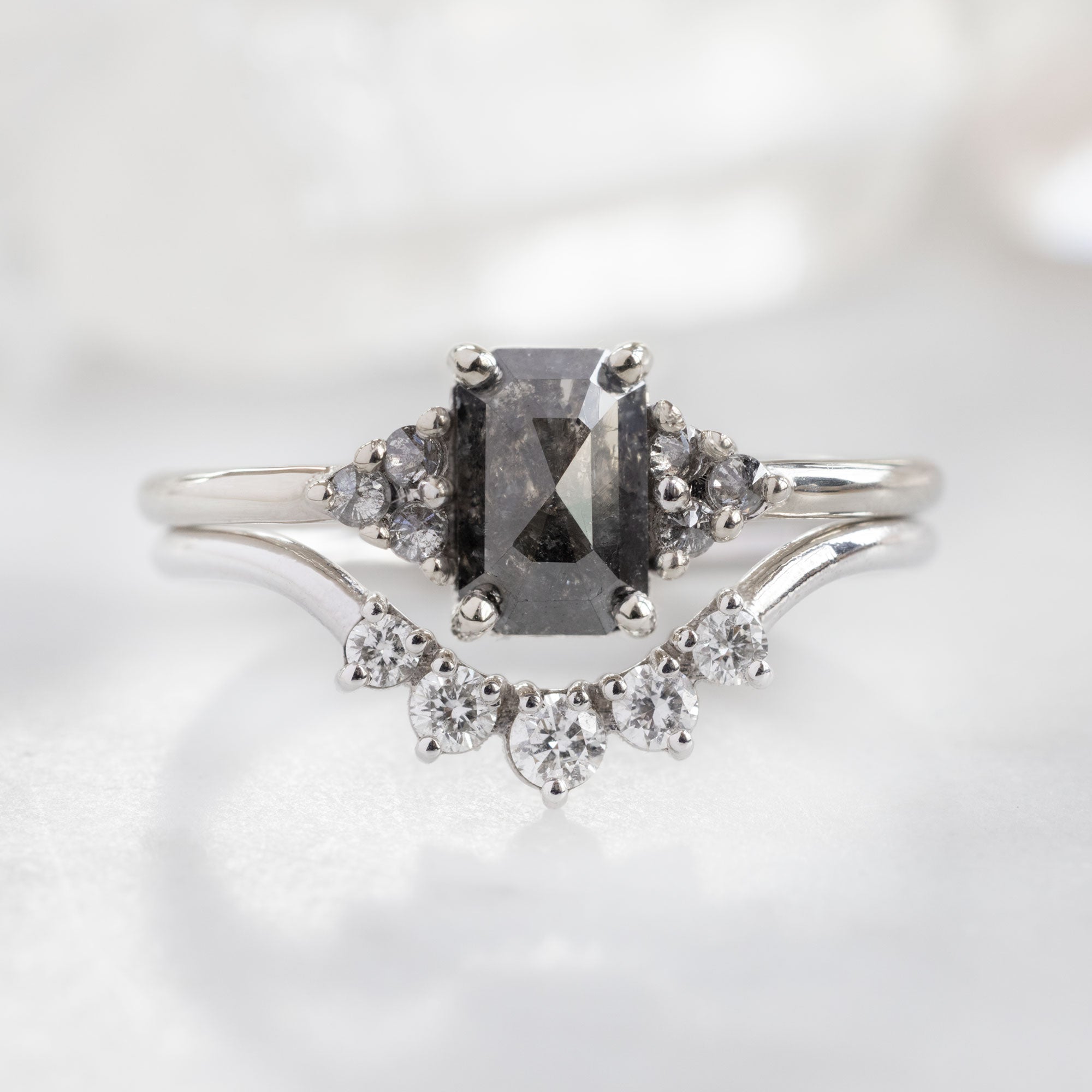 Alexis Russell Engagement Rings The Ivy Ring | 0.95ct Emerald Cut Salt and Pepper Diamond in 14K White Gold